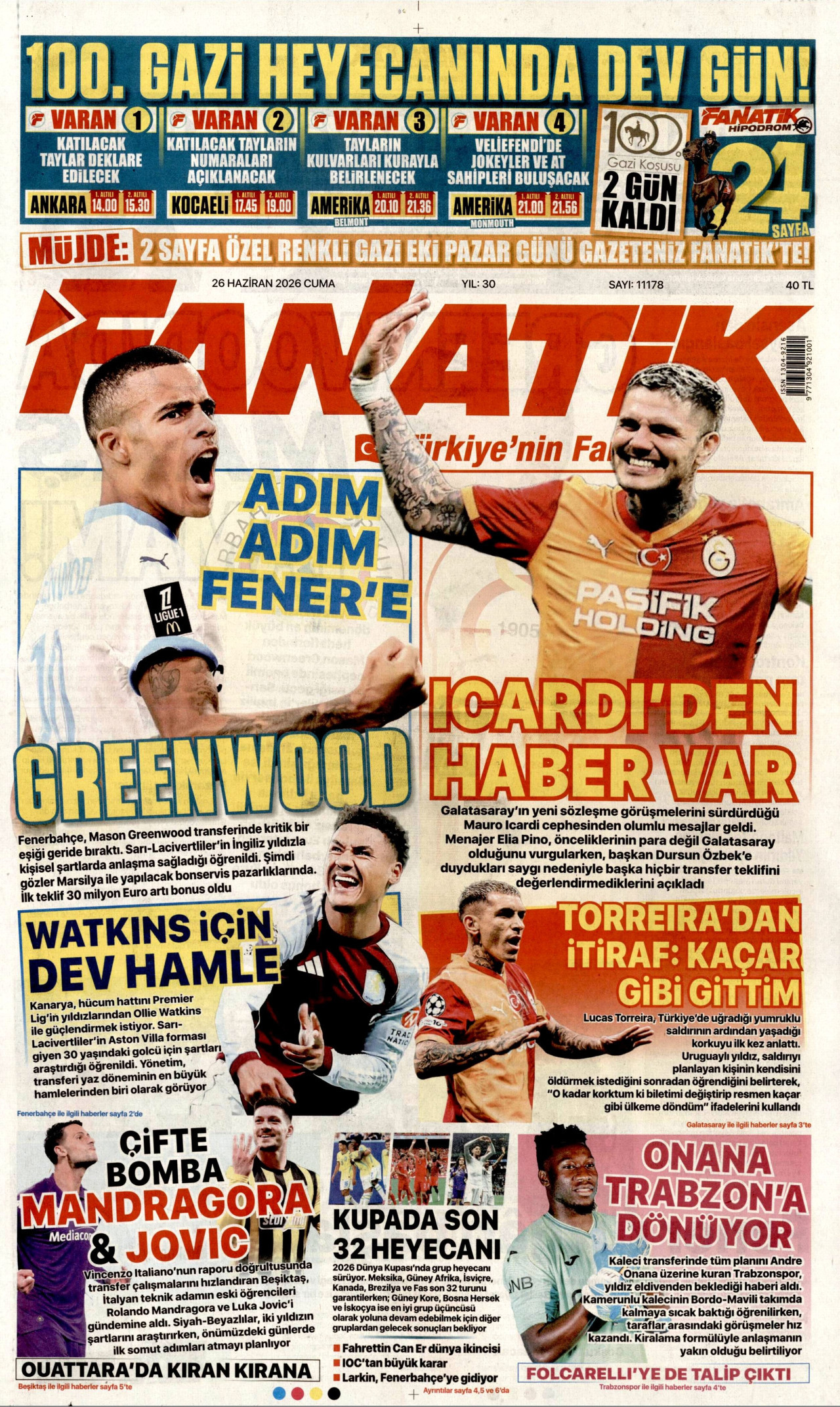 Fanatik Gazetesi Manşeti - 26.06.2026