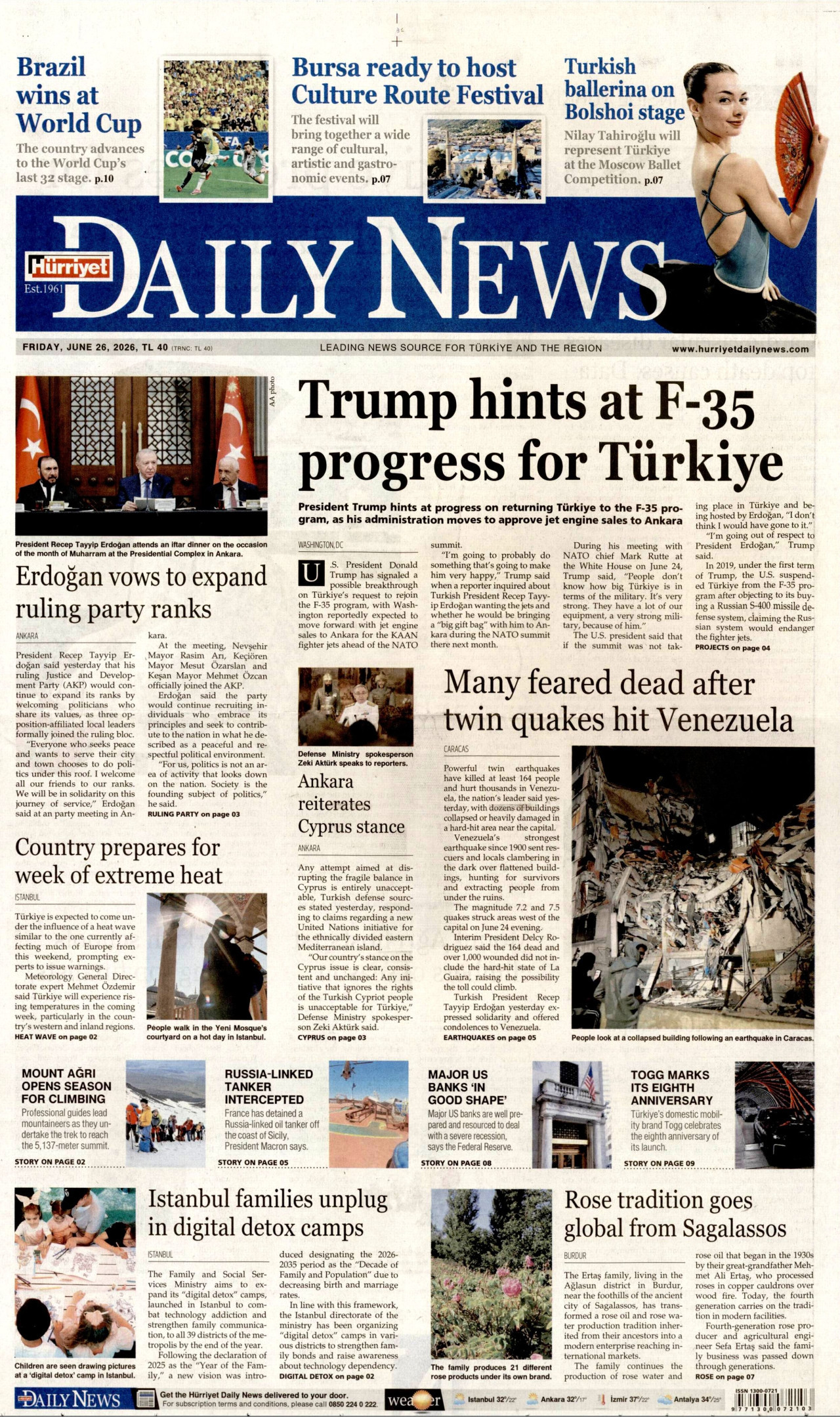 Hürriyet Daily News Gazetesi Manşeti - 26.06.2026