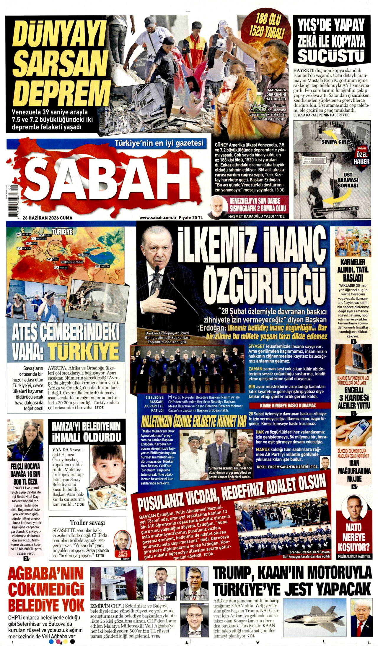 Sabah Gazetesi Manşeti - 26.06.2026