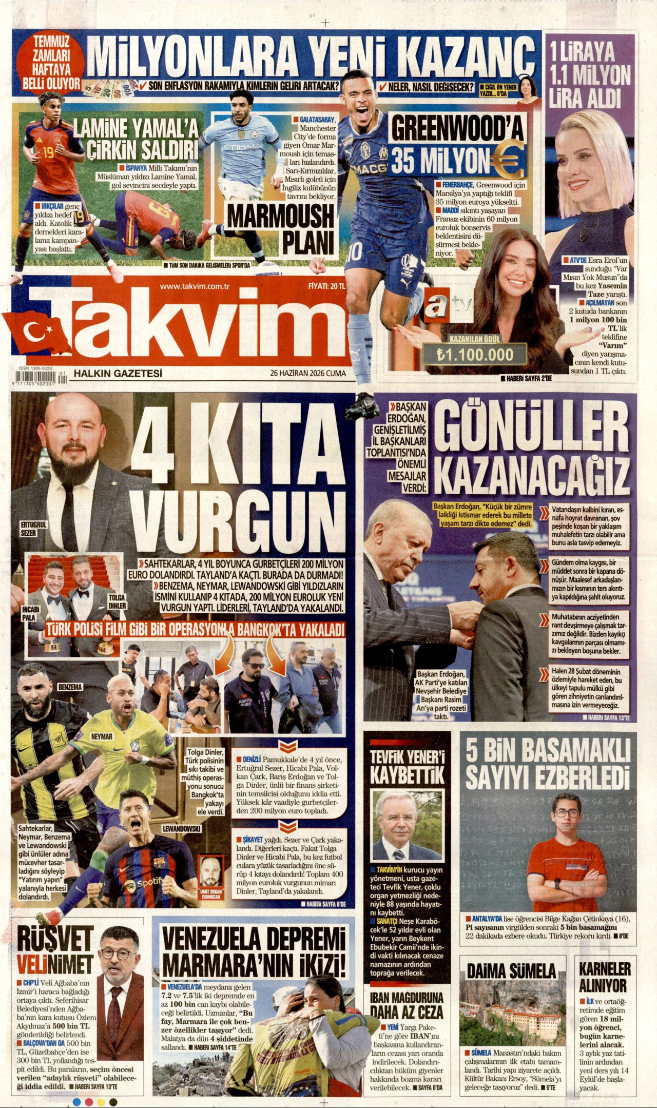Takvim Gazetesi Manşeti - 26.06.2026