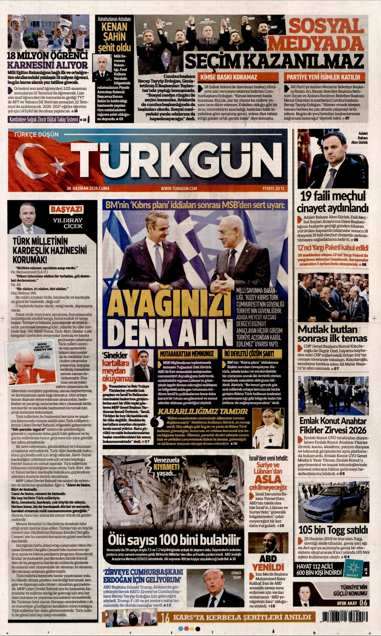 Türkgün Gazetesi Manşeti - 26.06.2026