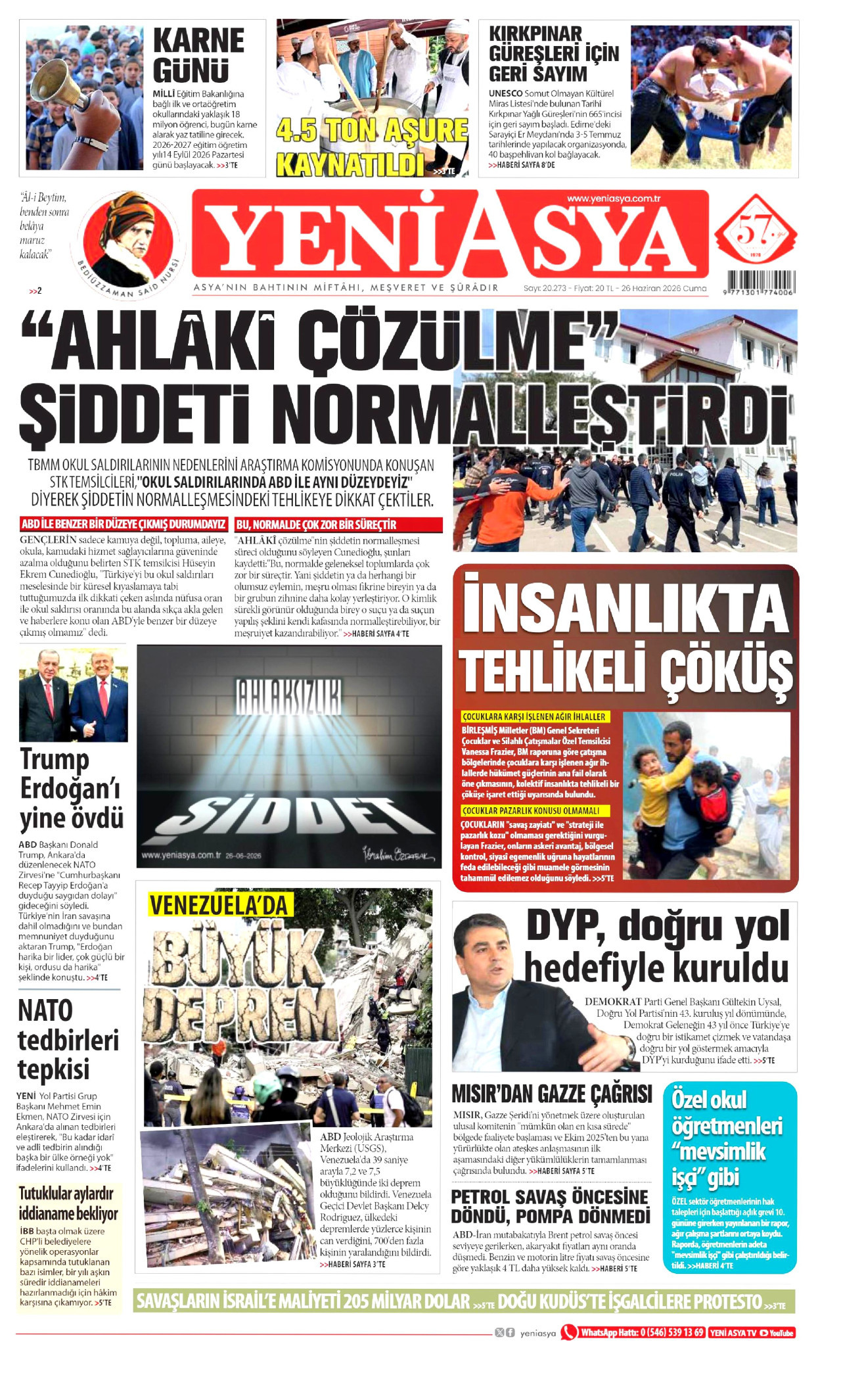 Yeni Asya Gazetesi Manşeti - 26.06.2026