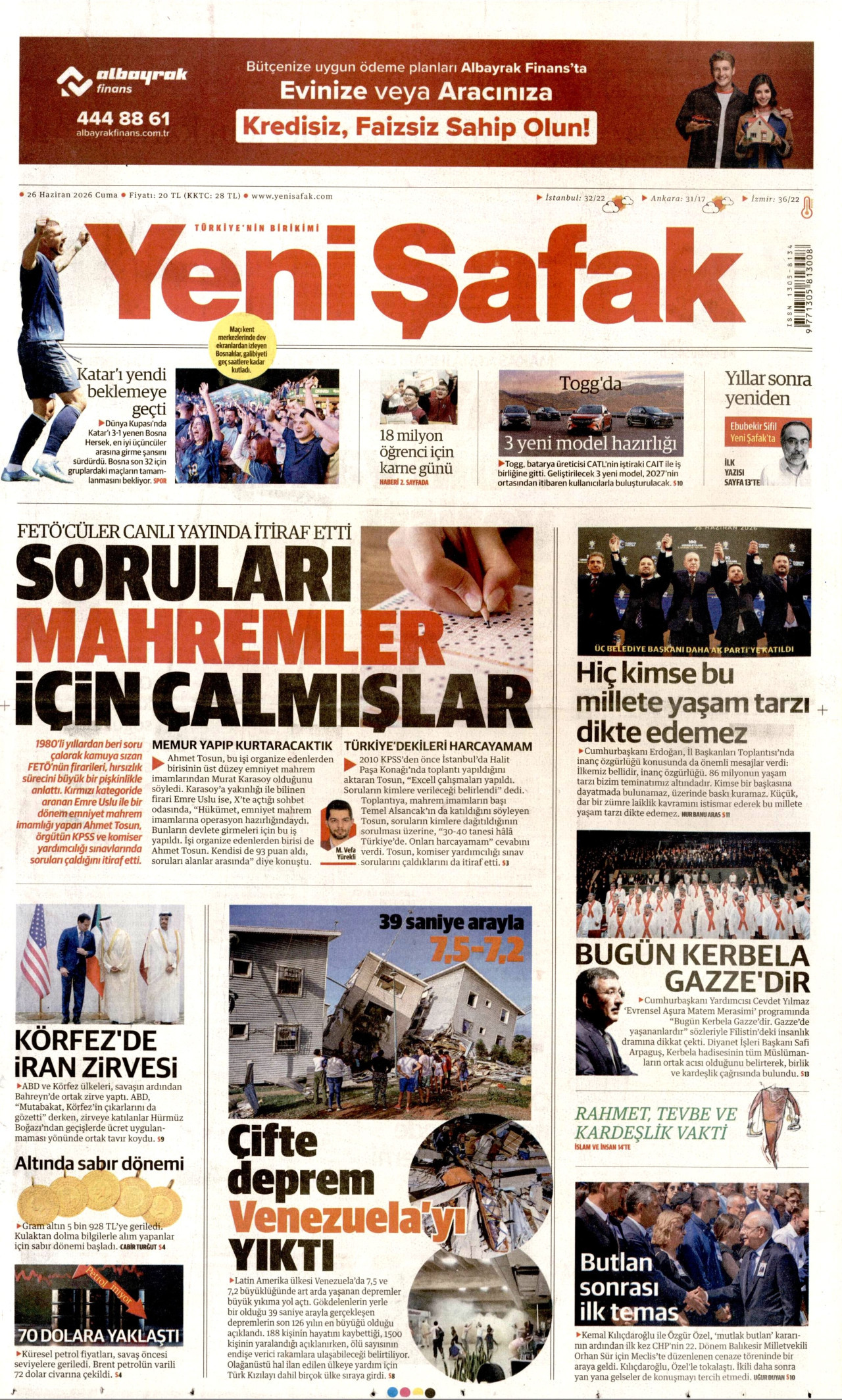 Yeni Şafak Gazetesi Manşeti - 26.06.2026