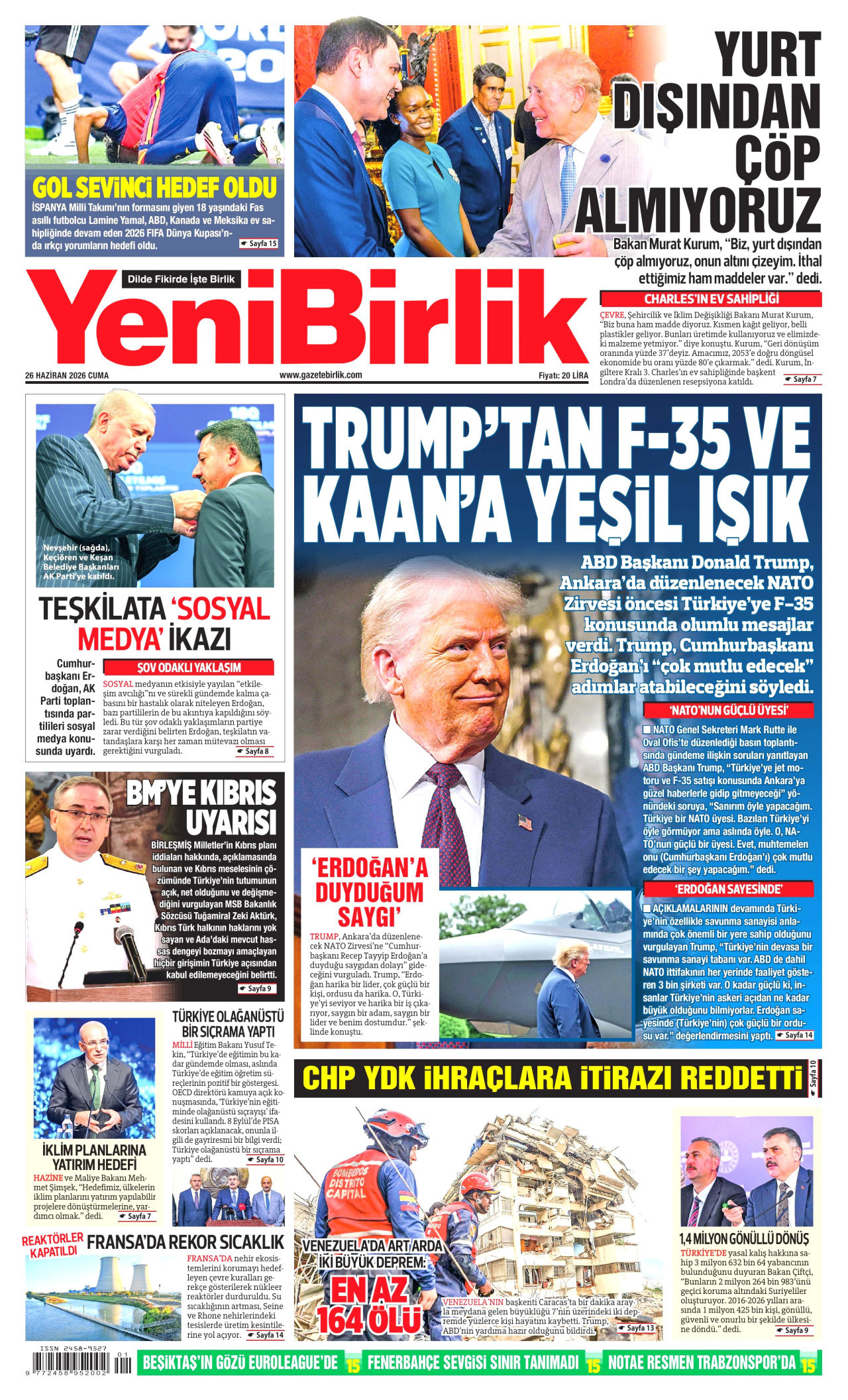 YeniBirlik Gazetesi Manşeti - 26.06.2026