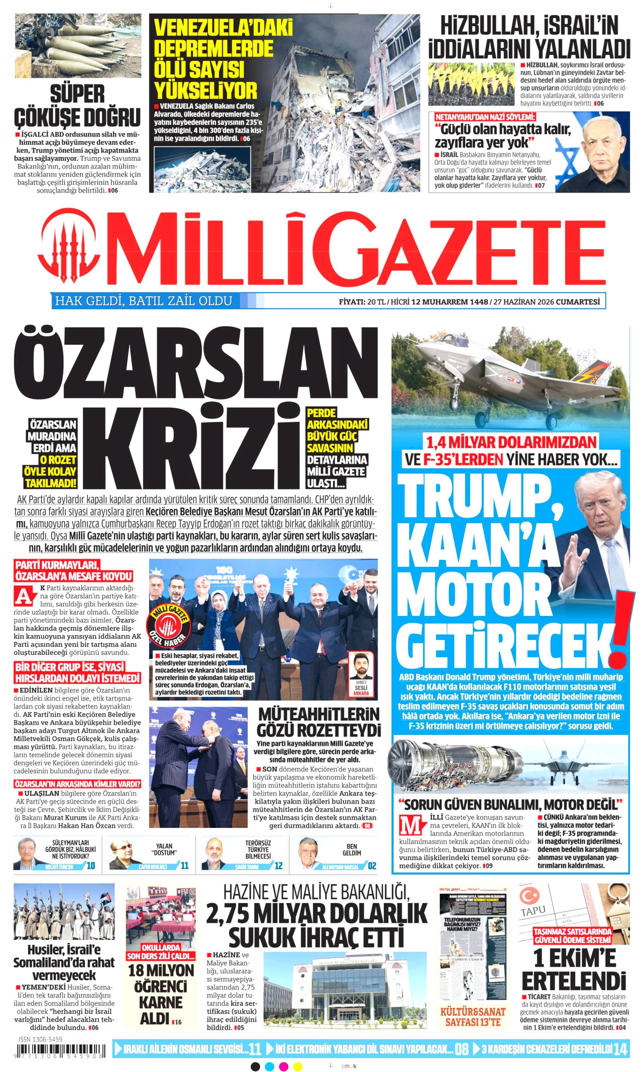 Milli Gazete Gazetesi Manşeti - 27.06.2026