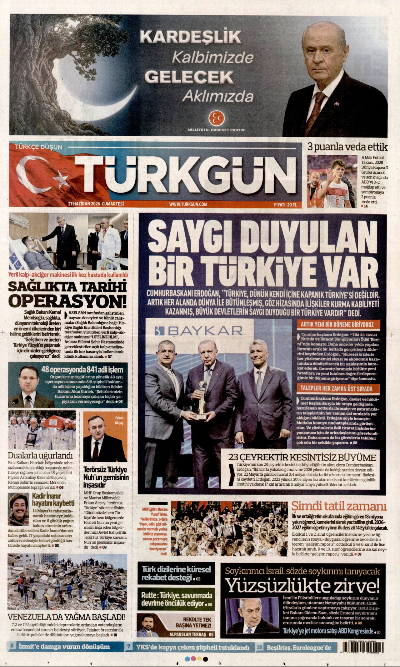 Türkgün Gazetesi Manşeti - 27.06.2026