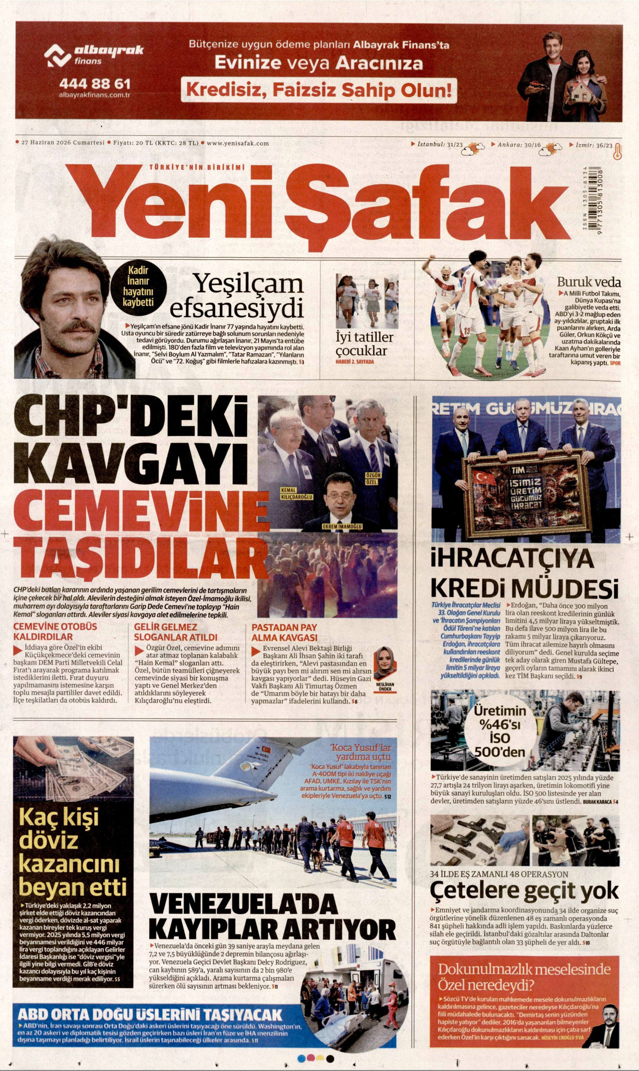 Yeni Şafak Gazetesi Manşeti - 27.06.2026
