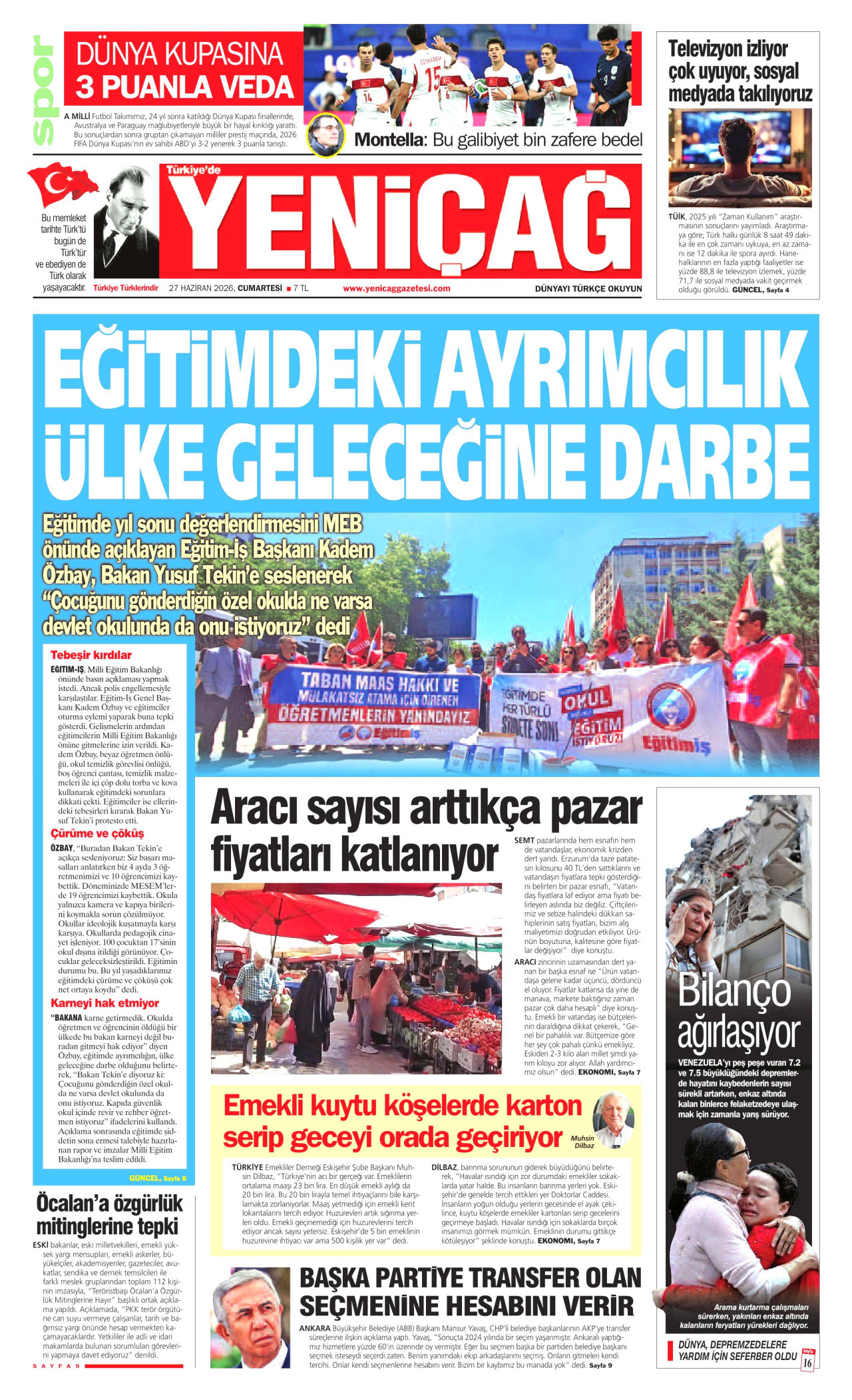 Yeniçağ Gazetesi Manşeti - 27.06.2026