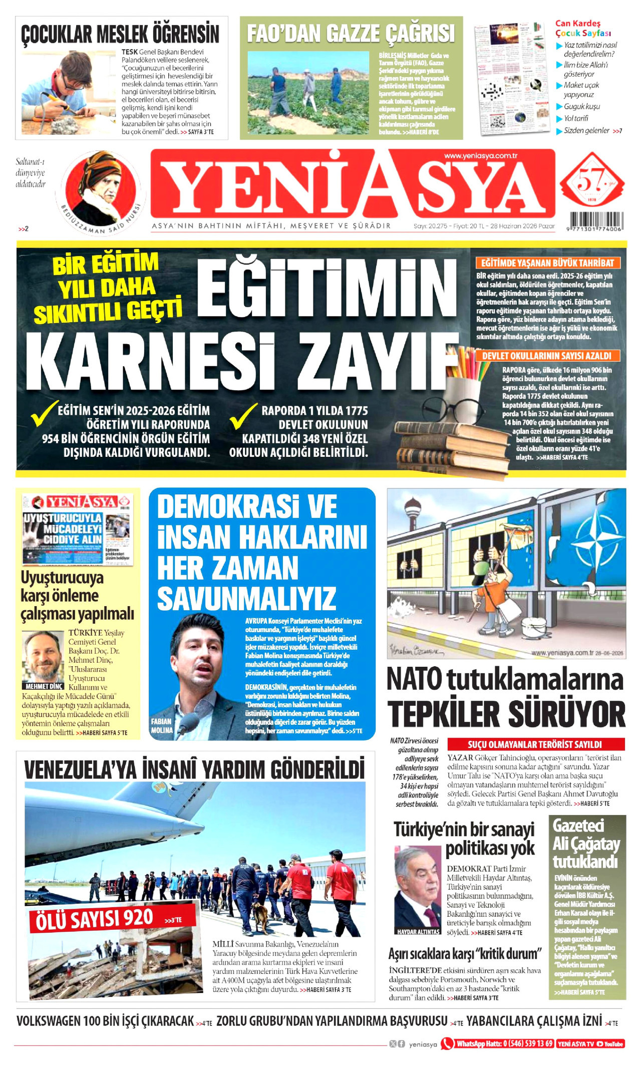 Yeni Asya Gazetesi Manşeti - 28.06.2026