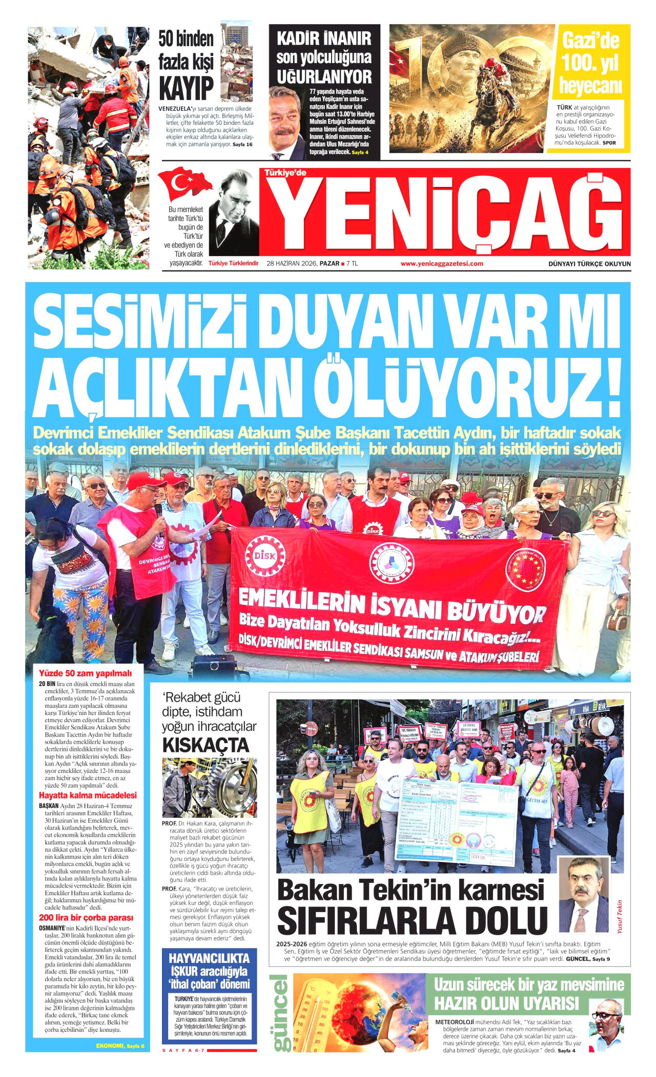 Yeniçağ Gazetesi Manşeti - 28.06.2026