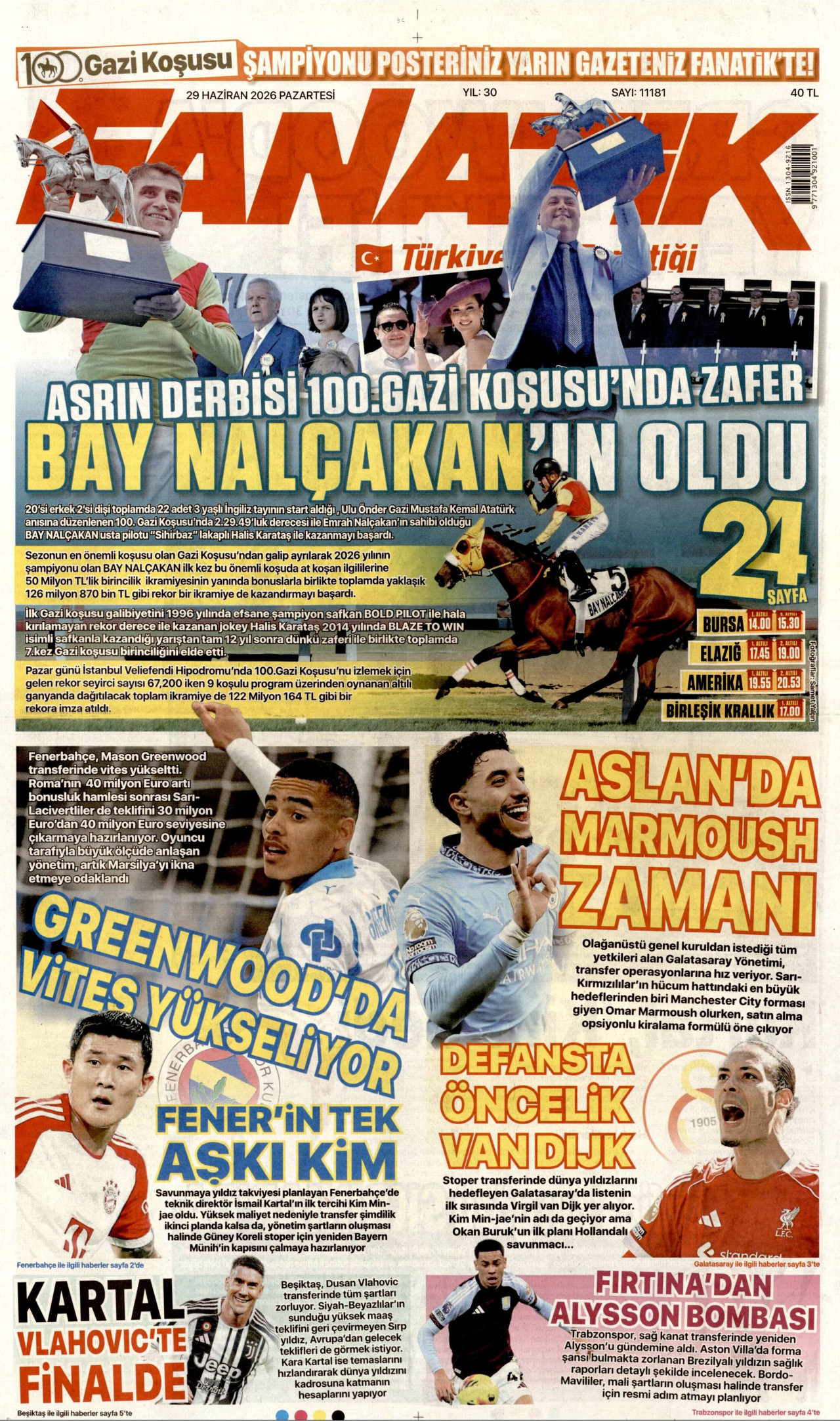Fanatik Gazetesi Manşeti - 29.06.2026