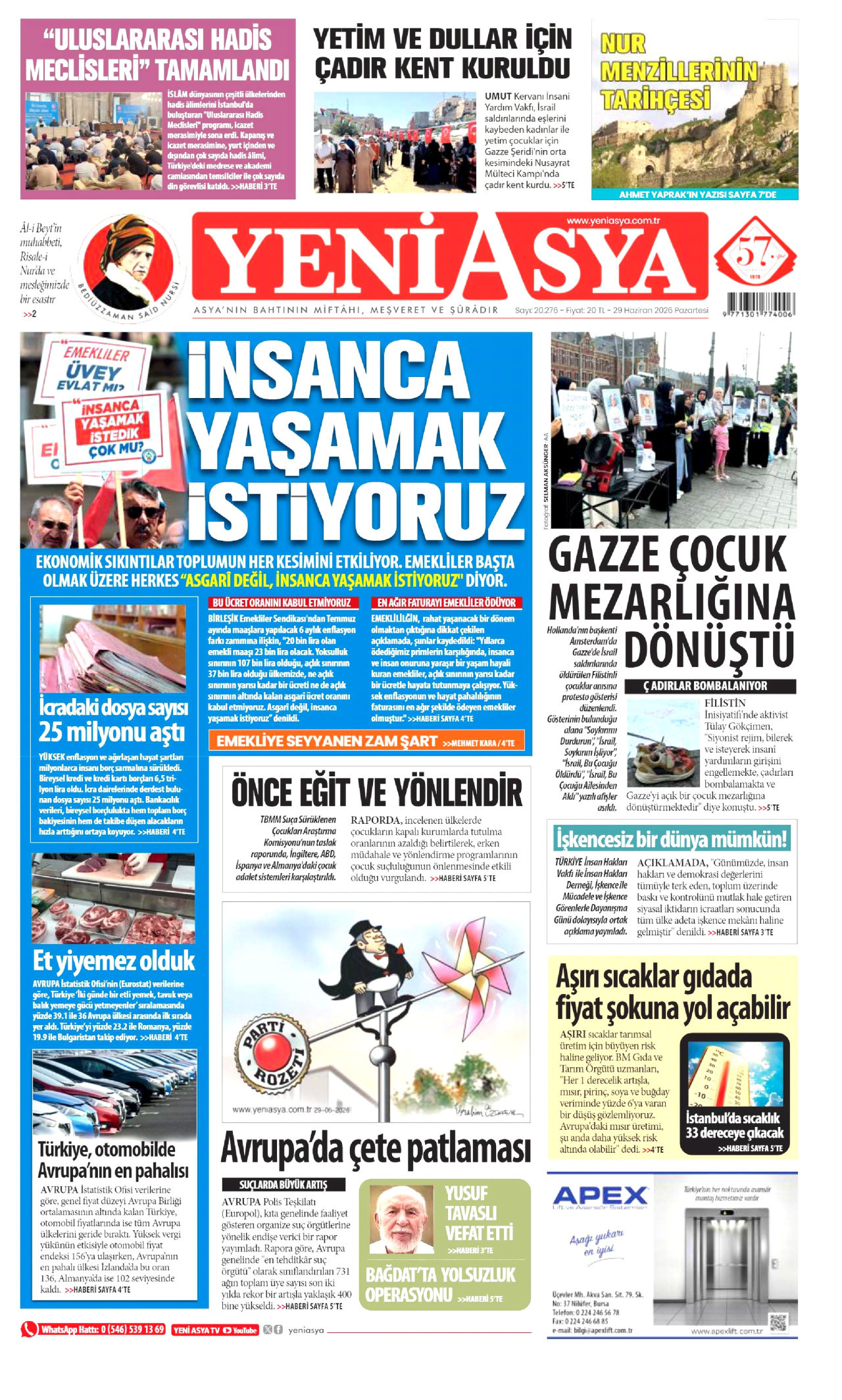 Yeni Asya Gazetesi Manşeti - 29.06.2026