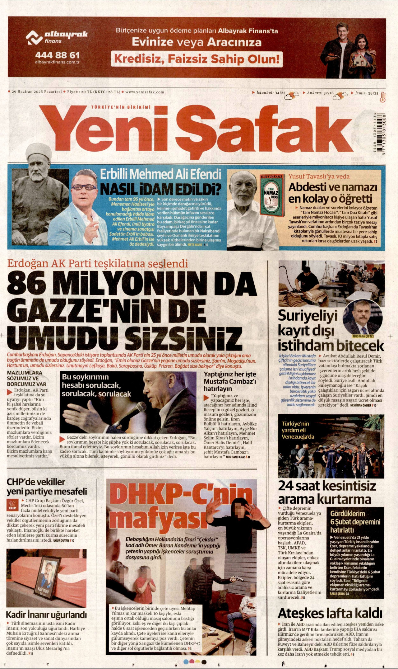 Yeni Şafak Gazetesi Manşeti - 29.06.2026