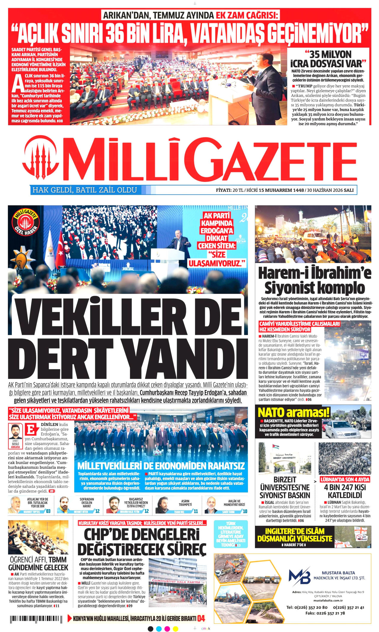Milli Gazete Gazetesi Manşeti - 30.06.2026