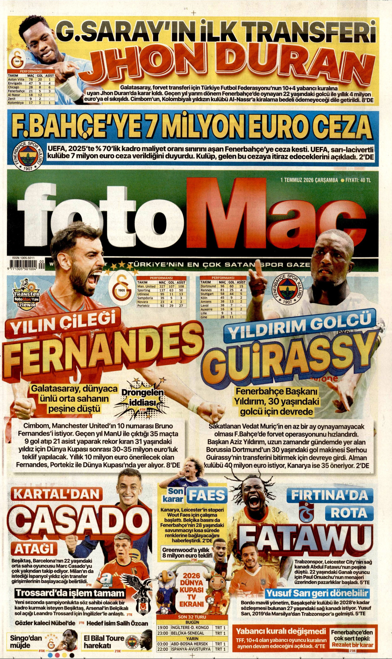 Fotomaç Gazetesi Manşeti - 01.07.2026