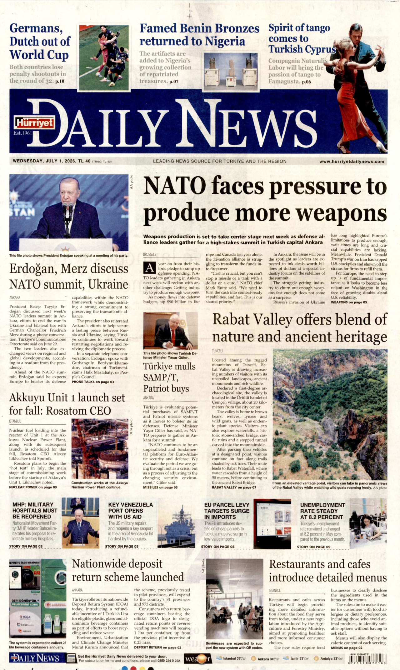 Hürriyet Daily News Gazetesi Manşeti - 01.07.2026