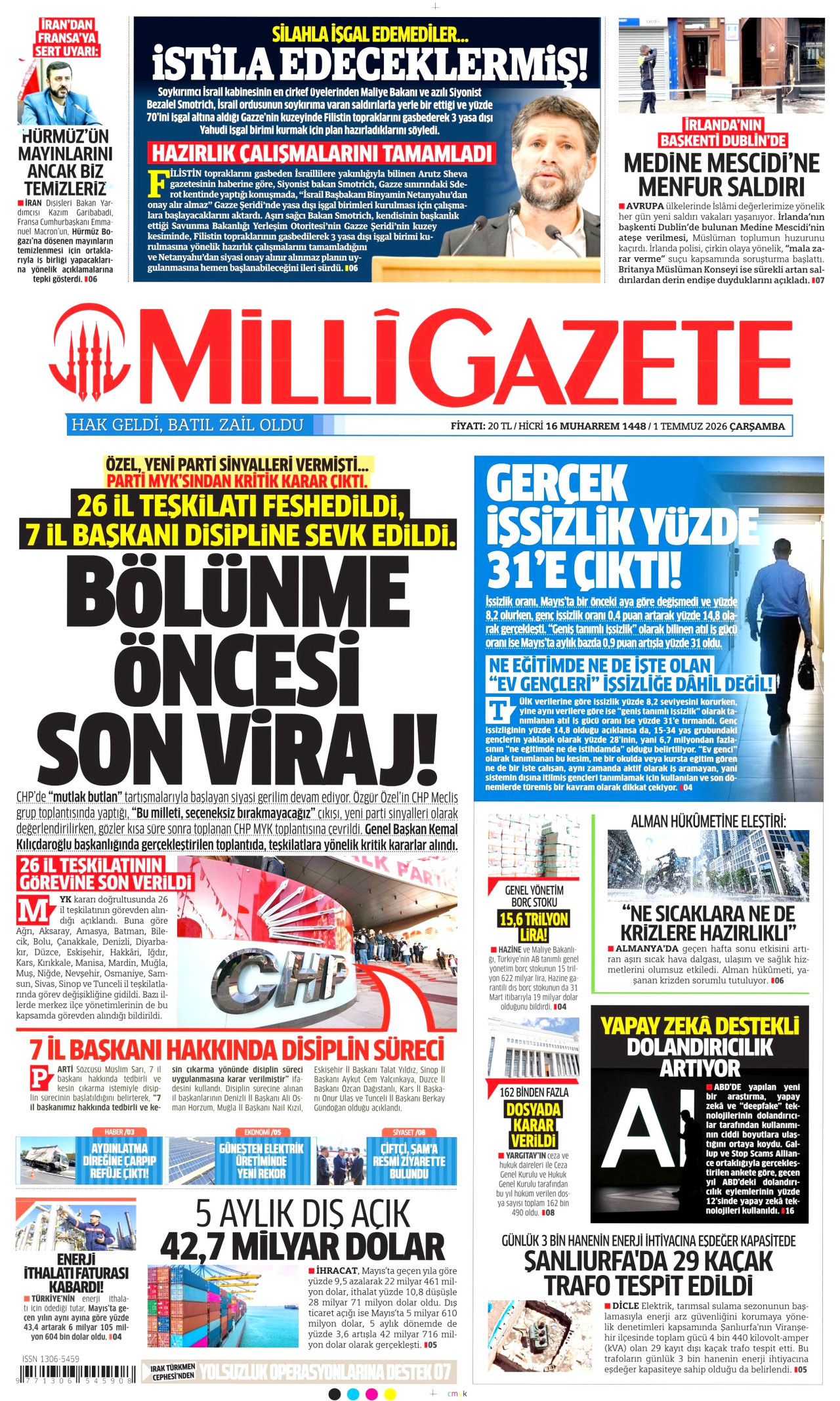 Milli Gazete Gazetesi Manşeti - 01.07.2026