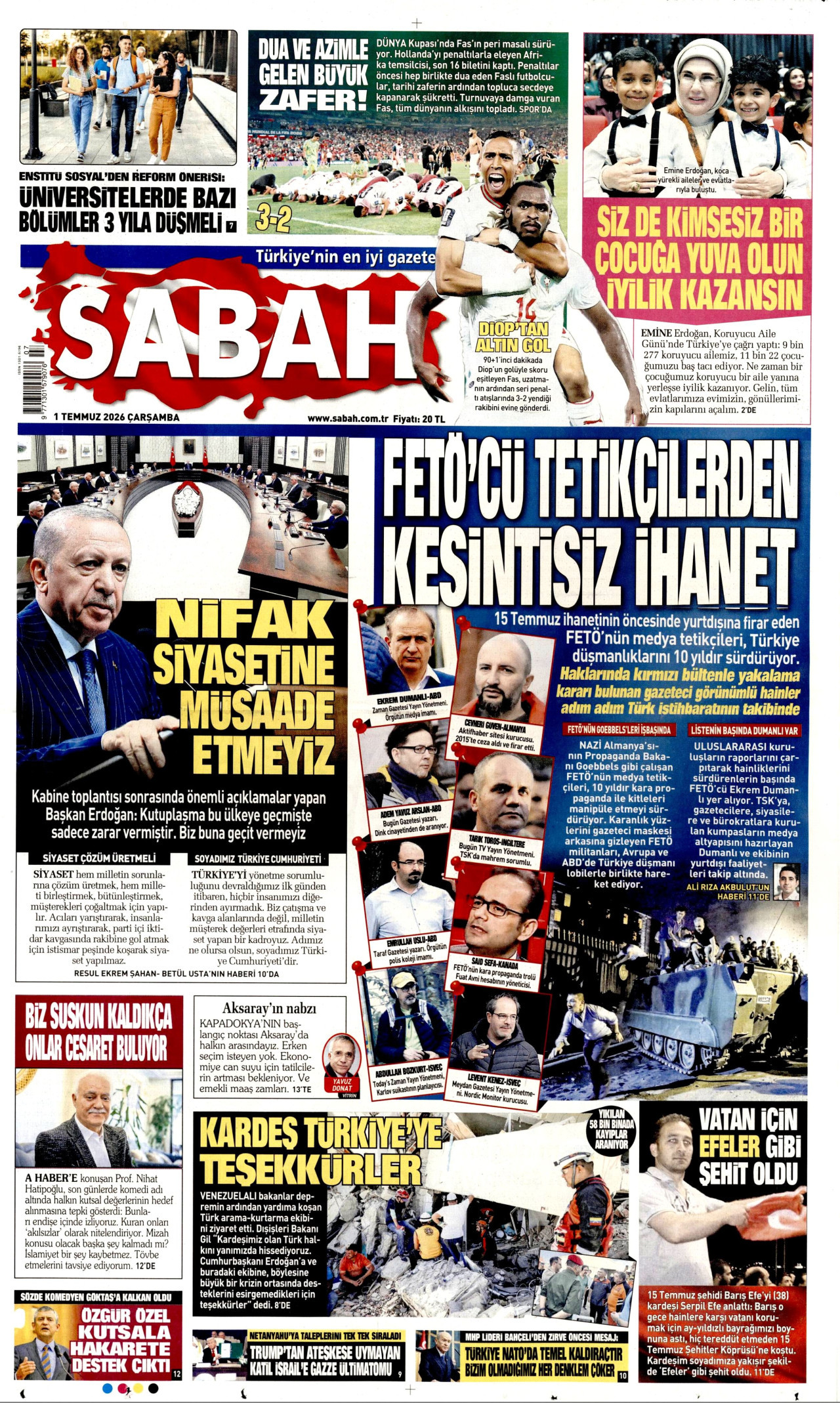 Sabah Gazetesi Manşeti - 01.07.2026
