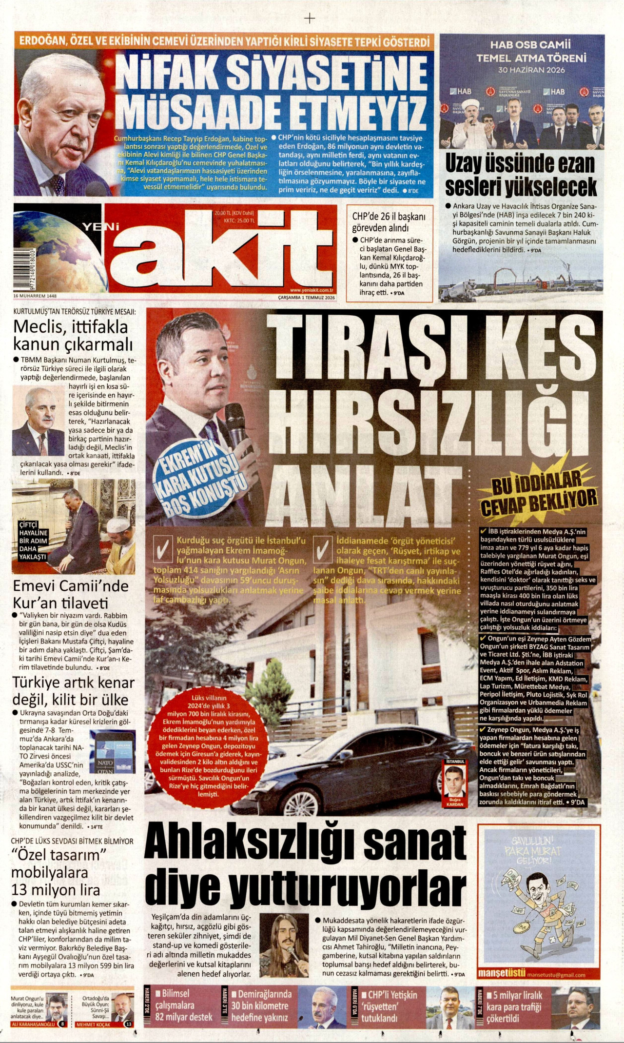 Yeni Akit Gazetesi Manşeti - 01.07.2026