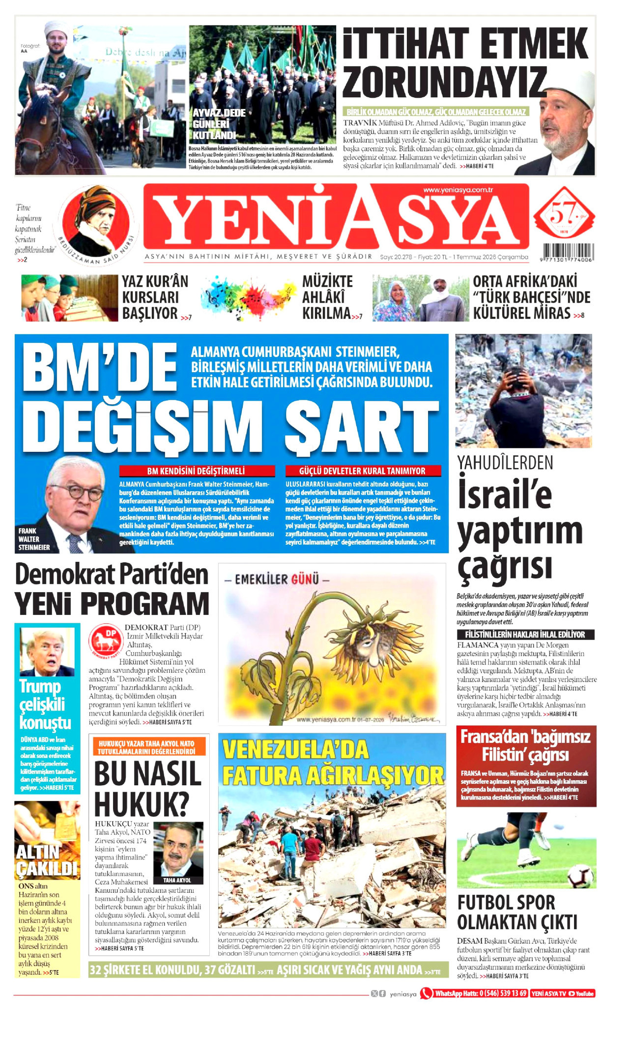Yeni Asya Gazetesi Manşeti - 01.07.2026