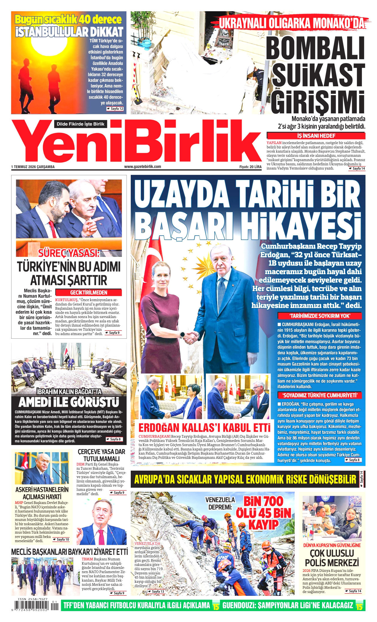 YeniBirlik Gazetesi Manşeti - 01.07.2026