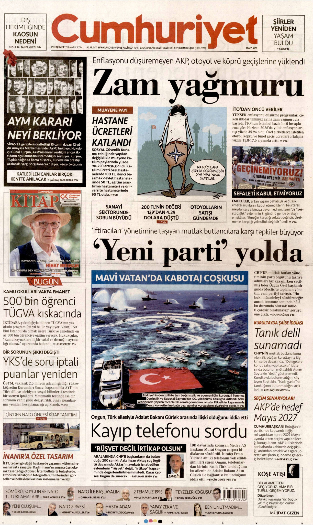 Cumhuriyet Gazetesi Manşeti - 30 Ağustos 2026 Birinci Sayfa