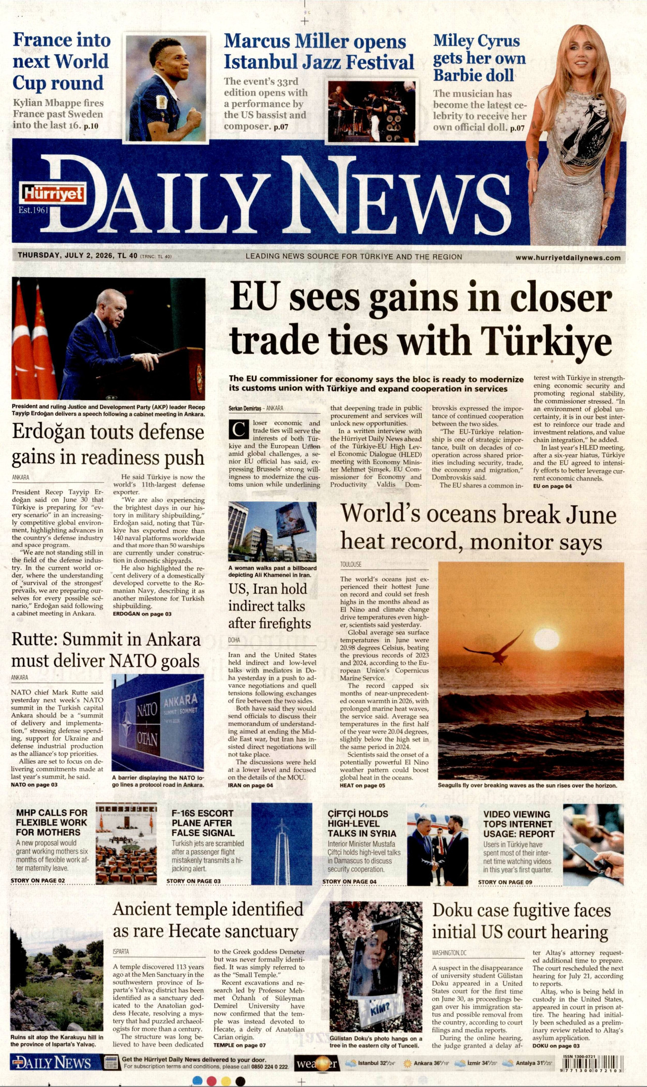 Hürriyet Daily News Gazetesi Manşeti - 02.07.2026
