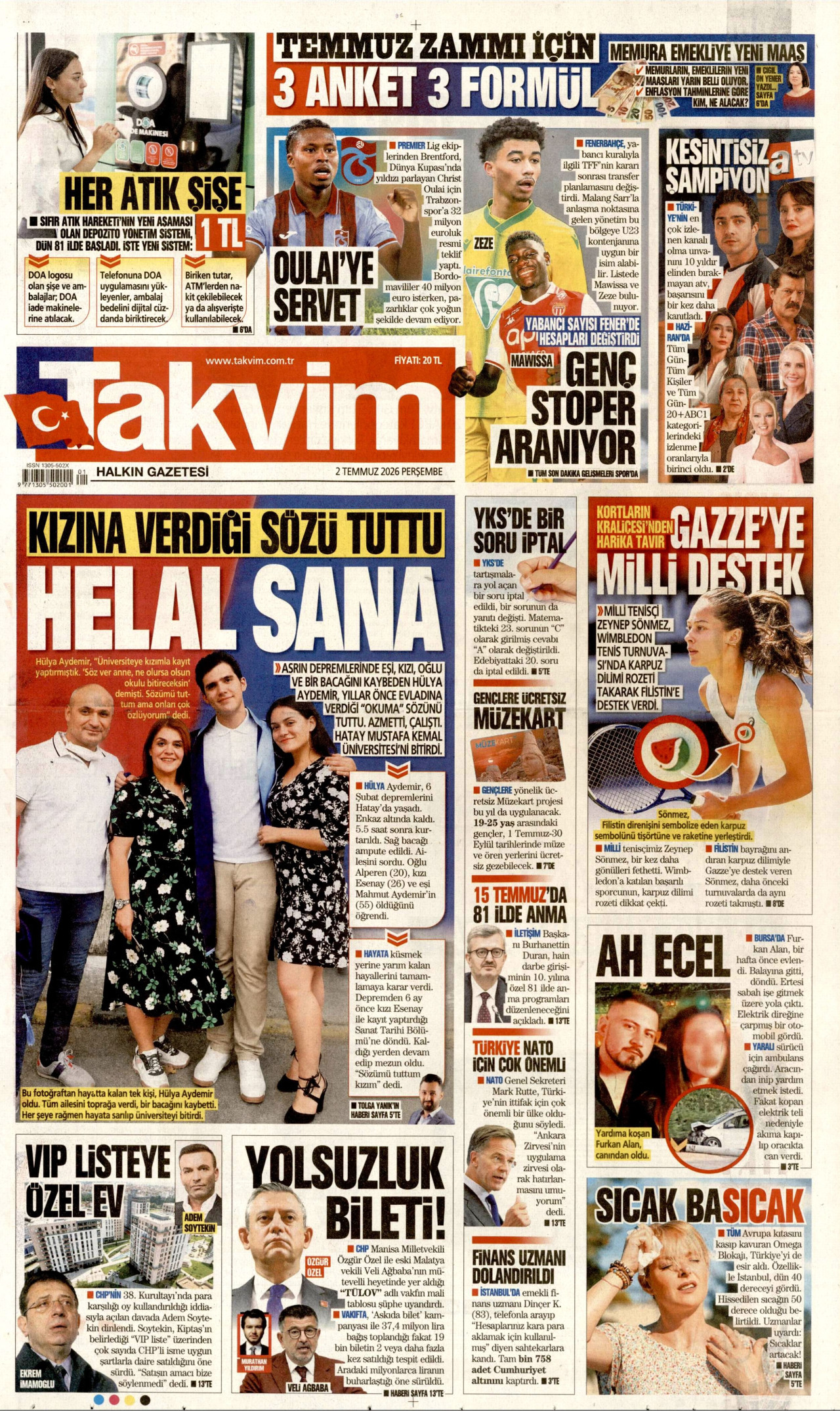 Takvim Gazetesi Manşeti - 02.07.2026