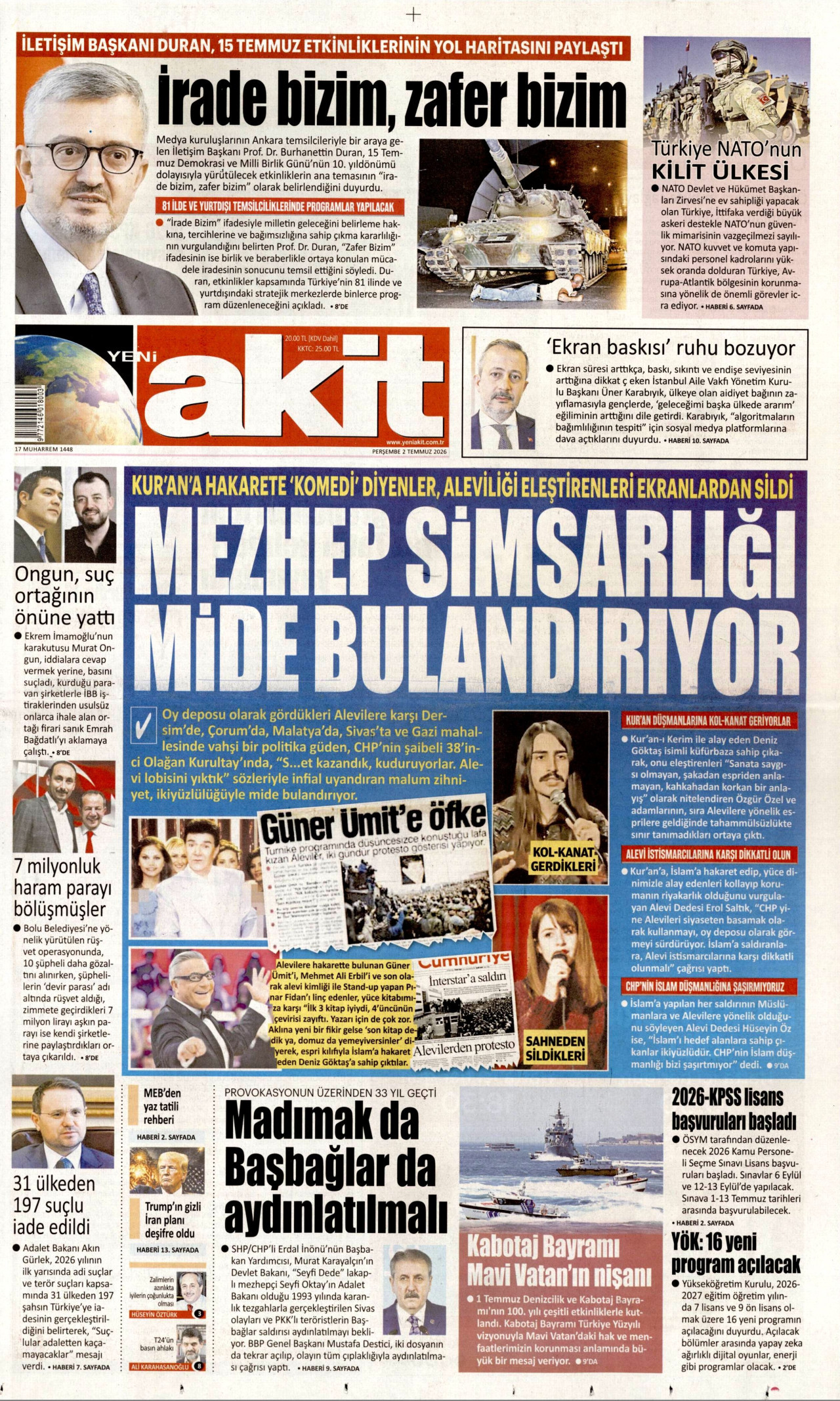 Yeni Akit Gazetesi Manşeti - 02.07.2026