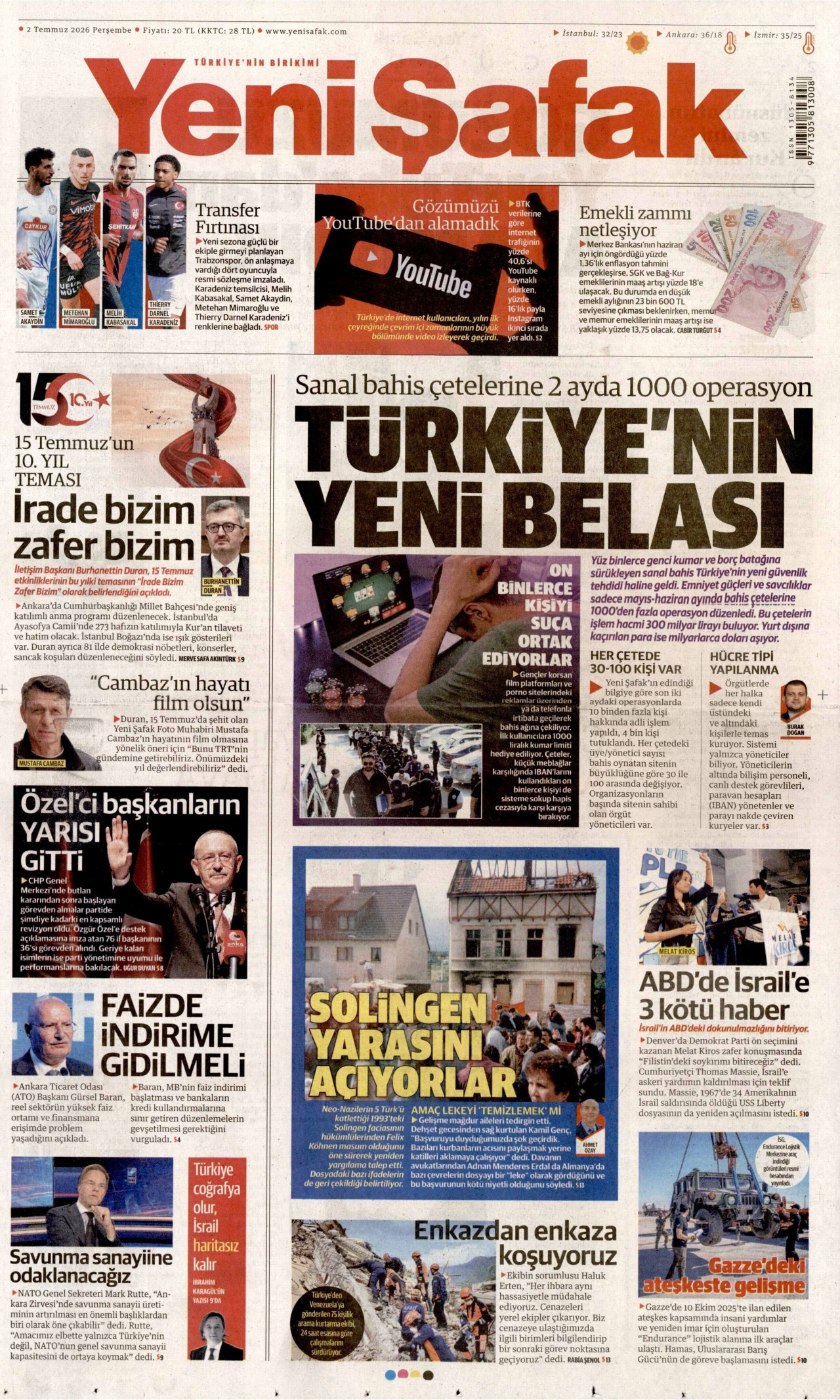 Yeni Şafak Gazetesi Manşeti - 02.07.2026