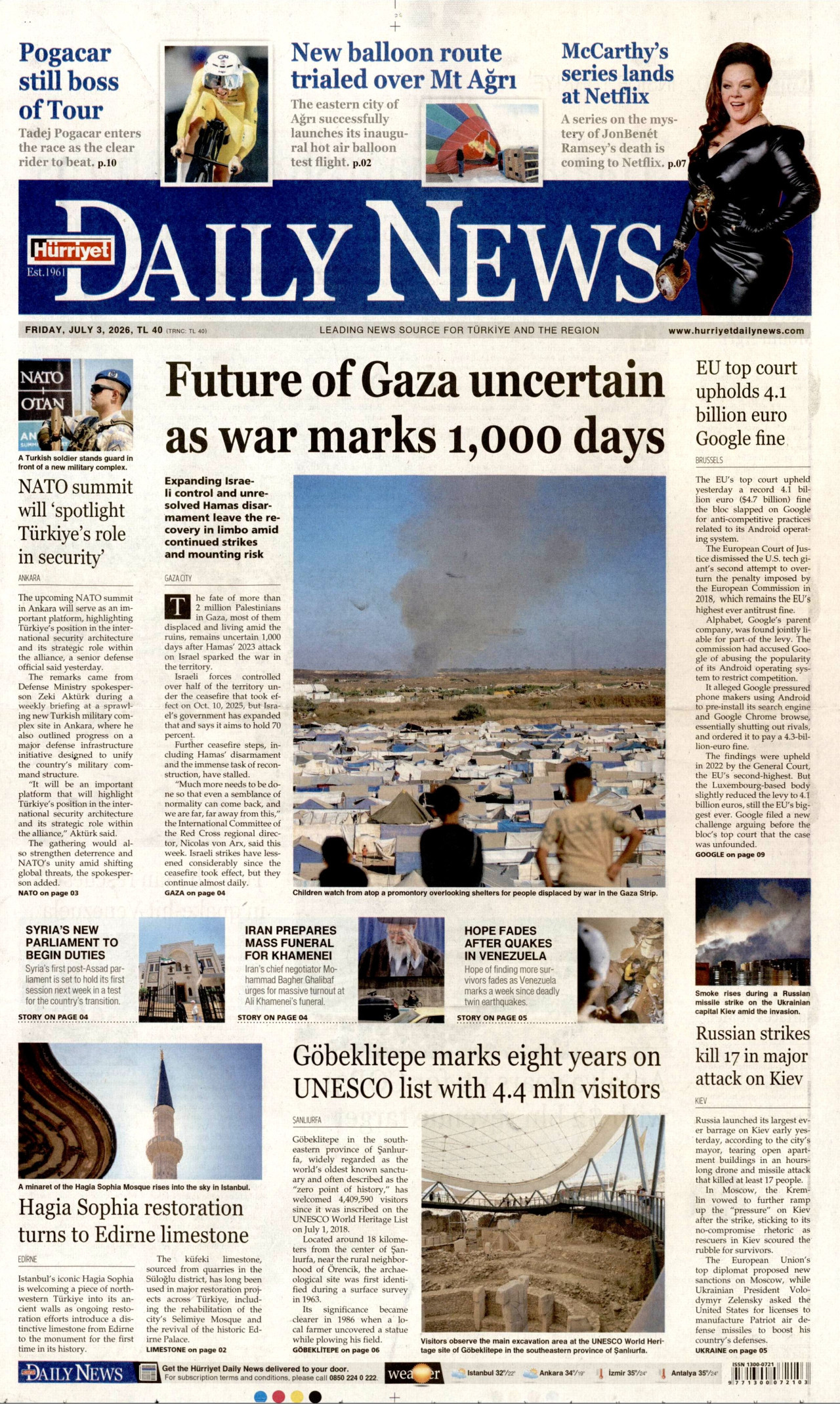 Hürriyet Daily News Gazetesi Manşeti - 03.07.2026