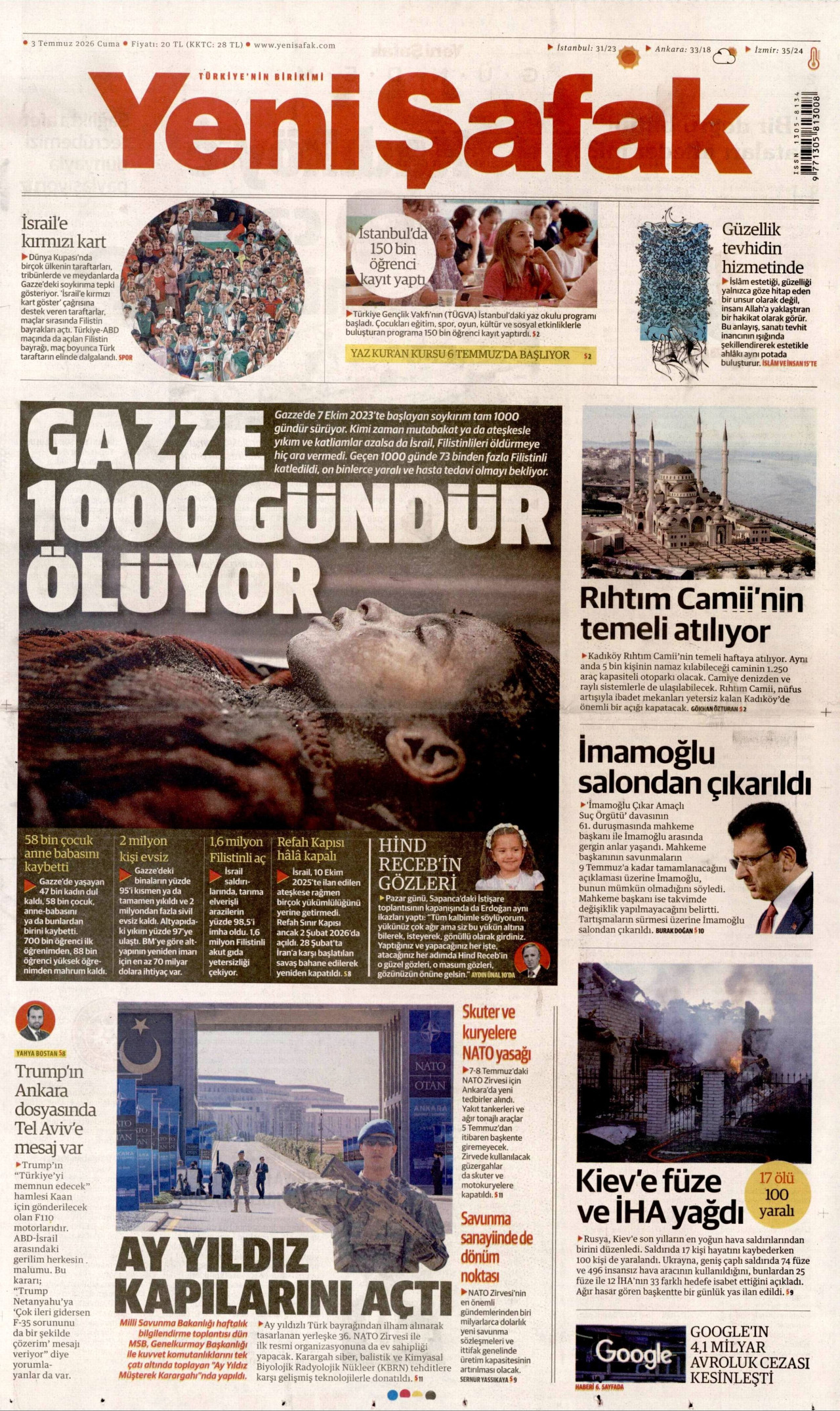 Yeni Şafak Gazetesi Manşeti - 03.07.2026