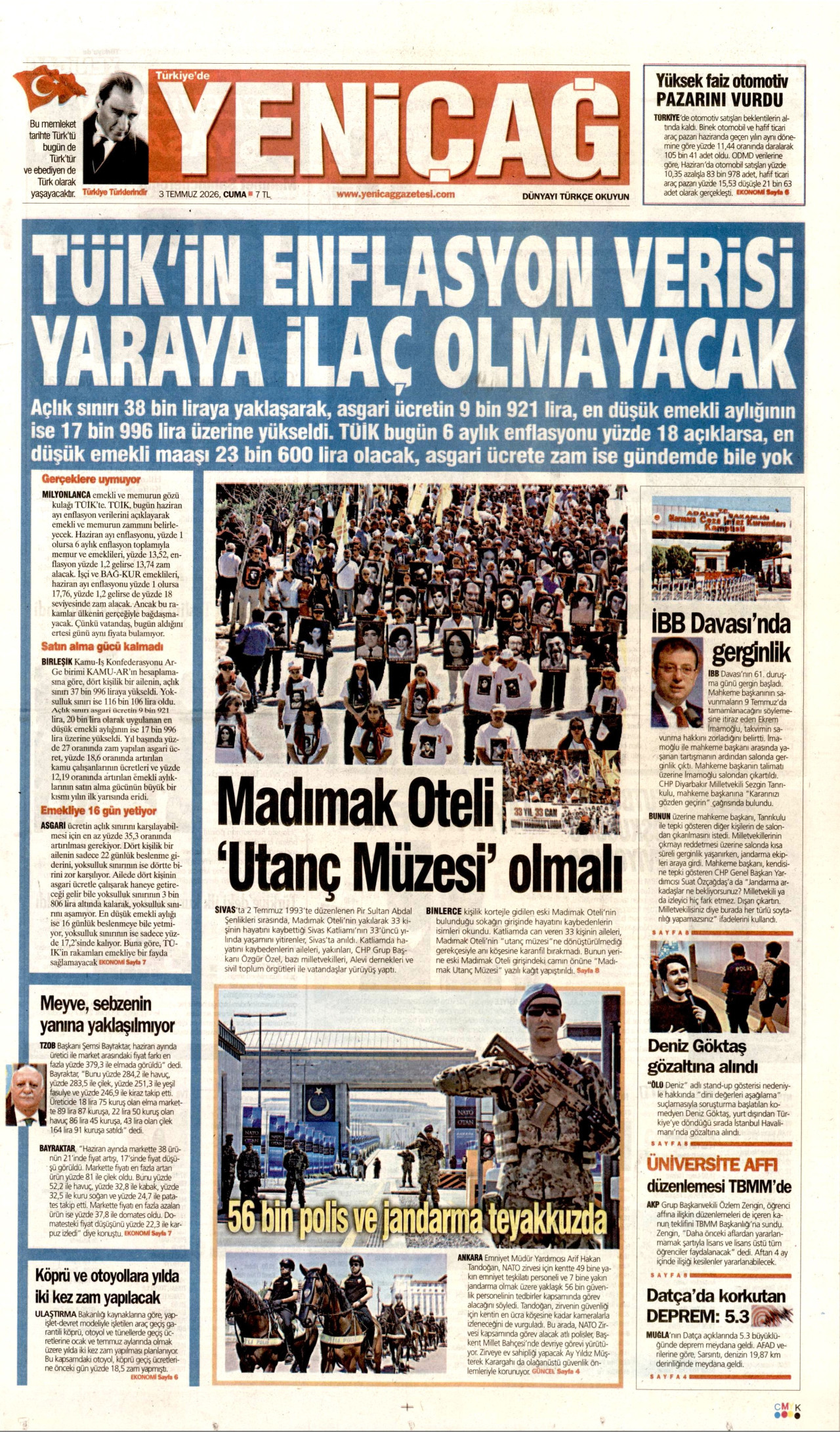 Yeniçağ Gazetesi Manşeti - 03.07.2026