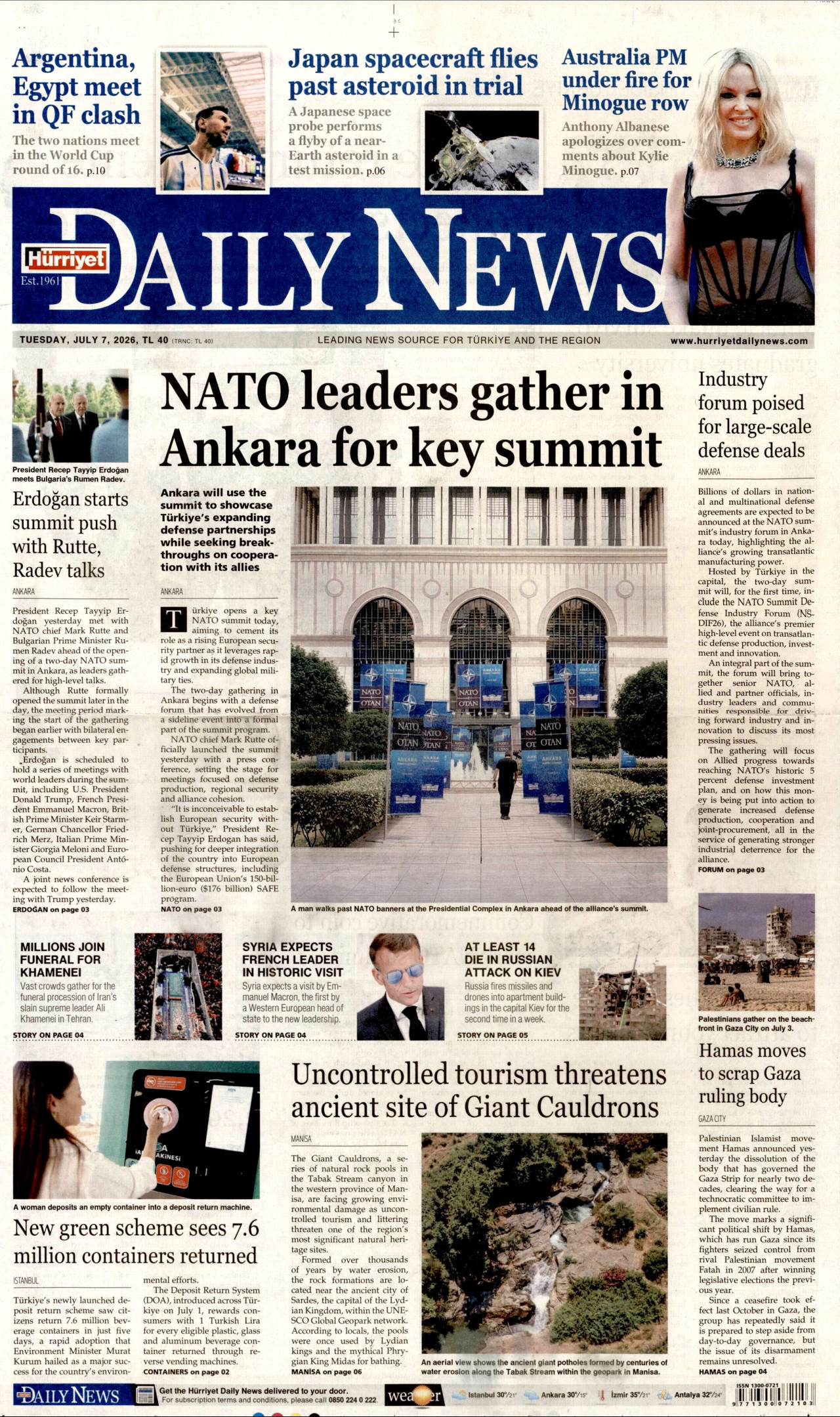 Hürriyet Daily News Gazetesi Manşeti - 07.07.2026