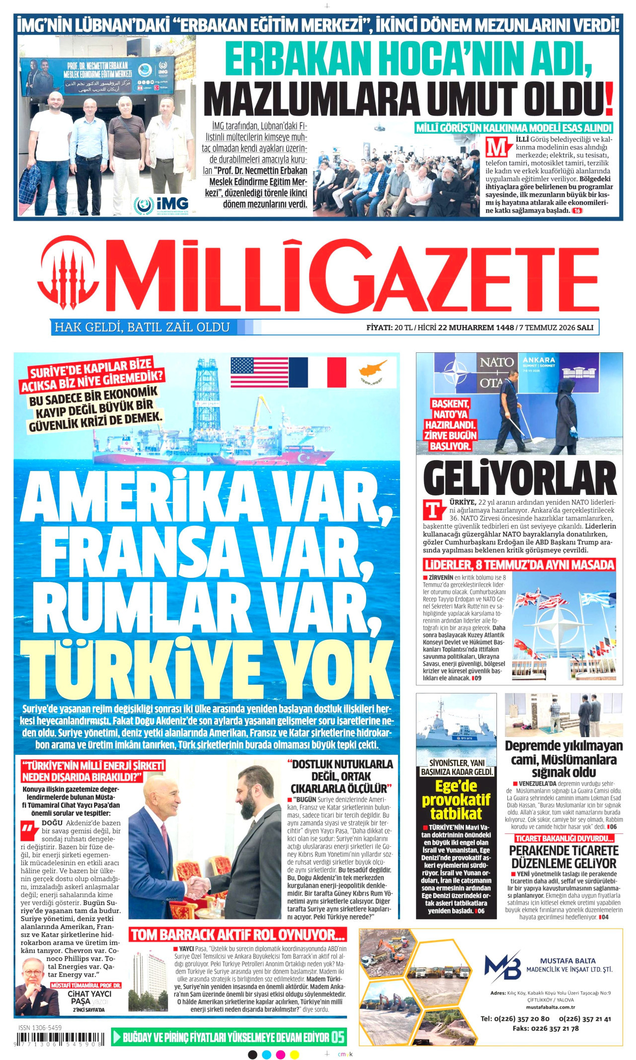 Milli Gazete Gazetesi Manşeti - 07.07.2026
