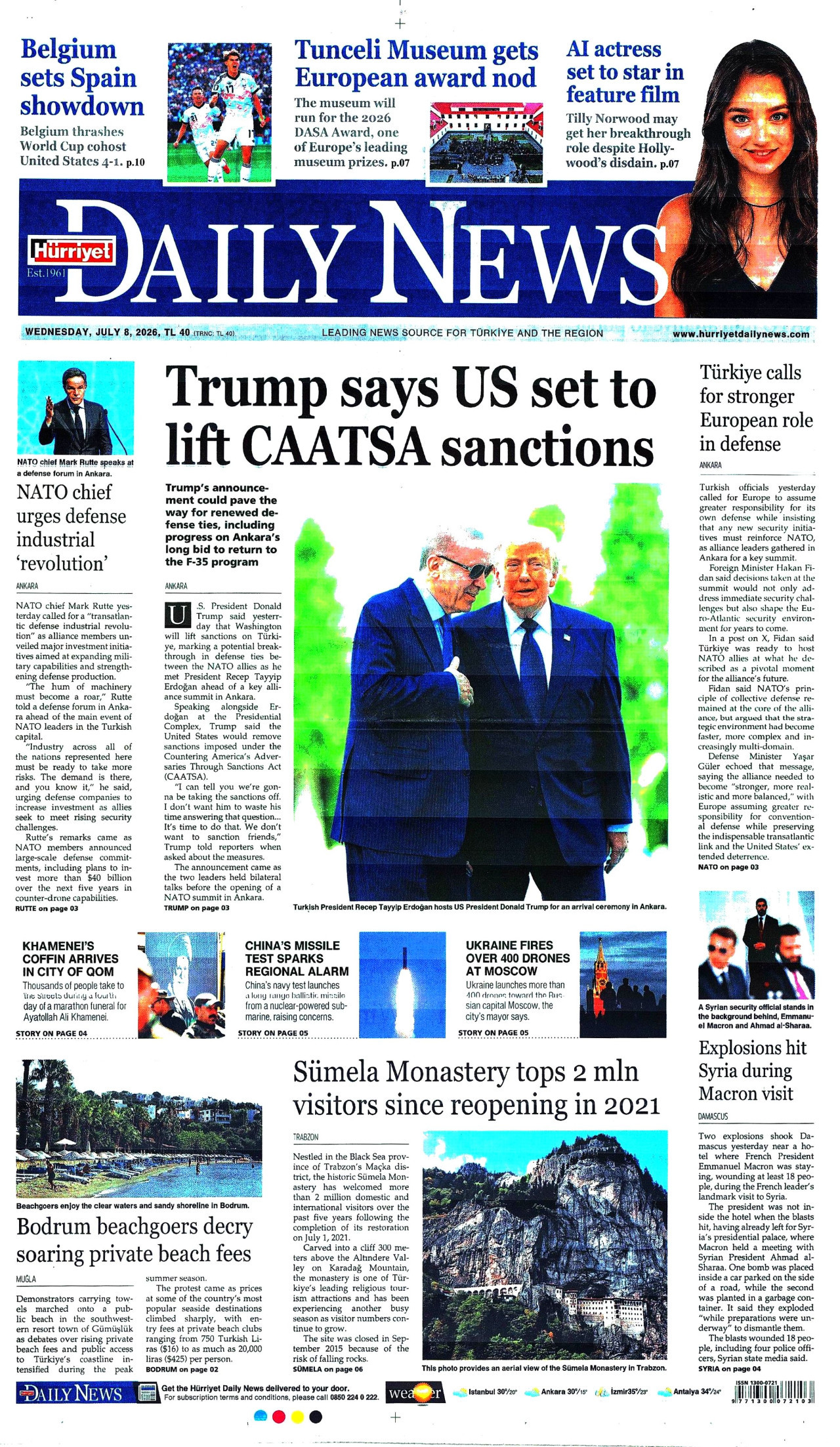 Hürriyet Daily News Gazetesi Manşeti - 08.07.2026
