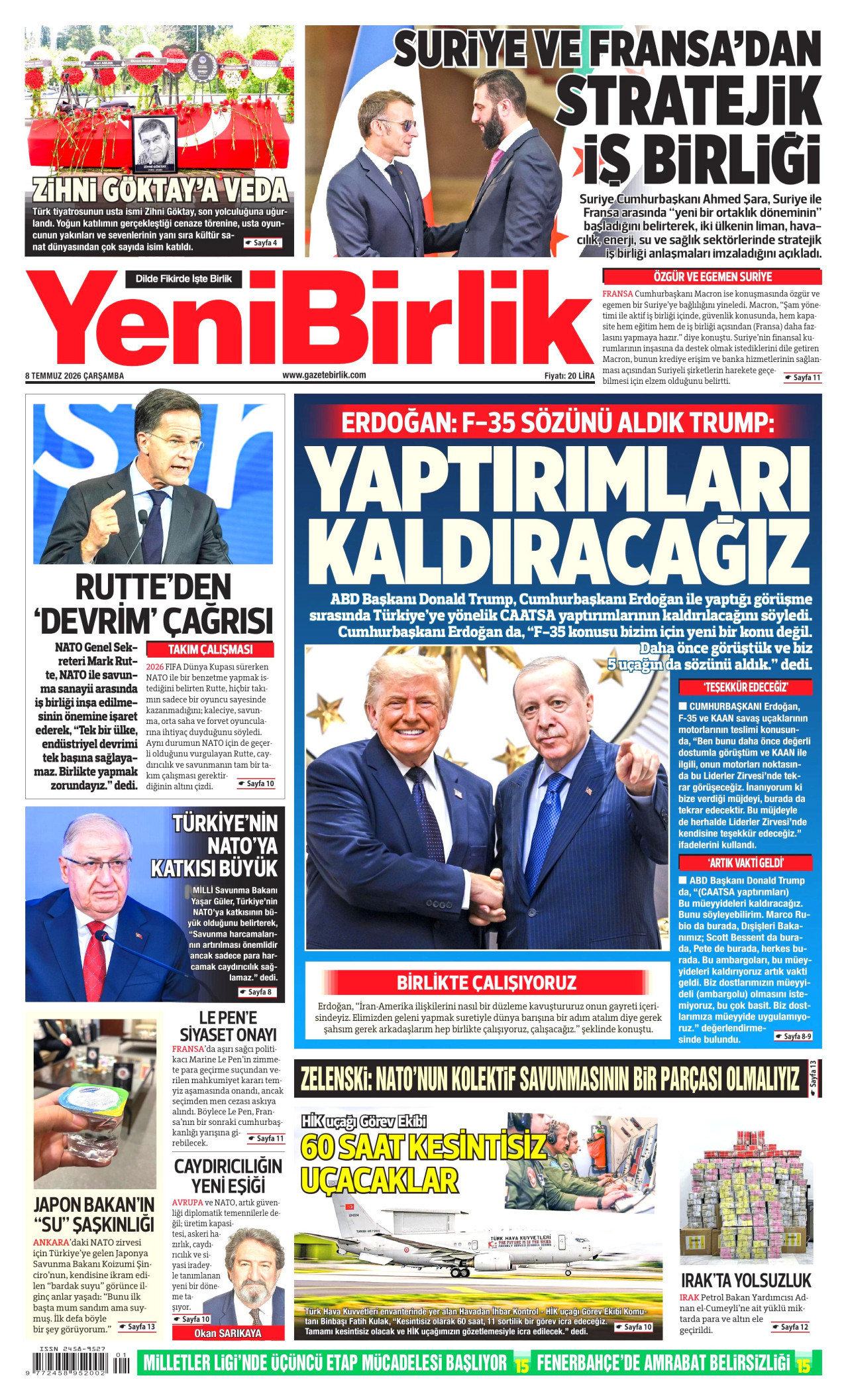 YeniBirlik Gazetesi Manşeti - 08.07.2026