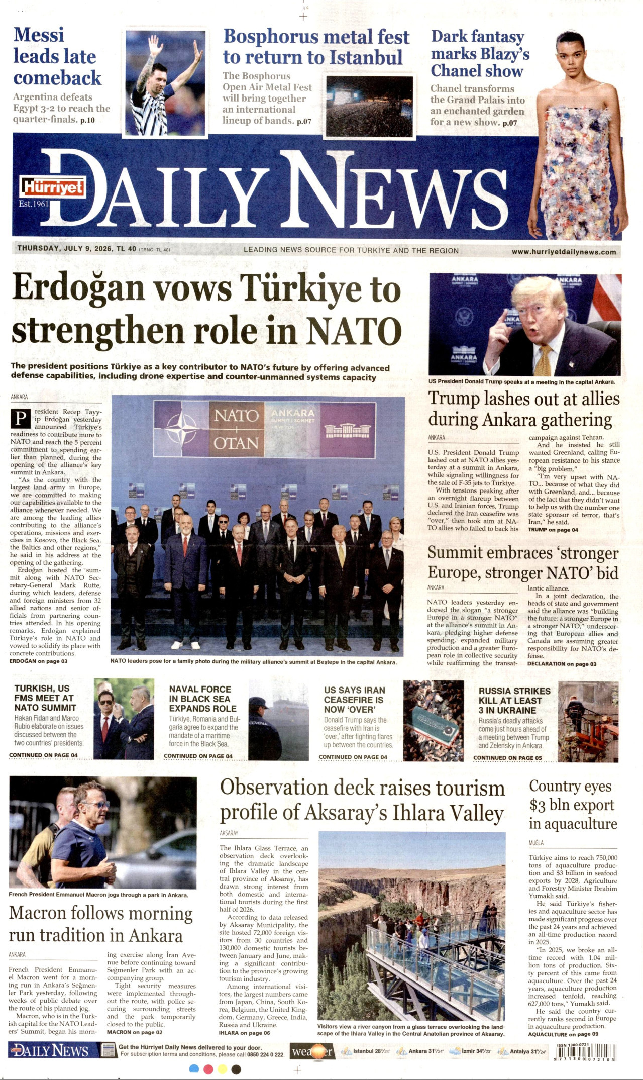 Hürriyet Daily News Gazetesi Manşeti - 9 Temmuz 2026 Birinci Sayfa
