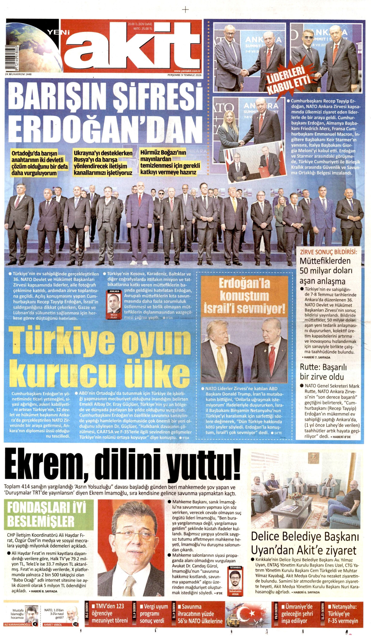 Yeni Akit Gazetesi Manşeti - 09.07.2026