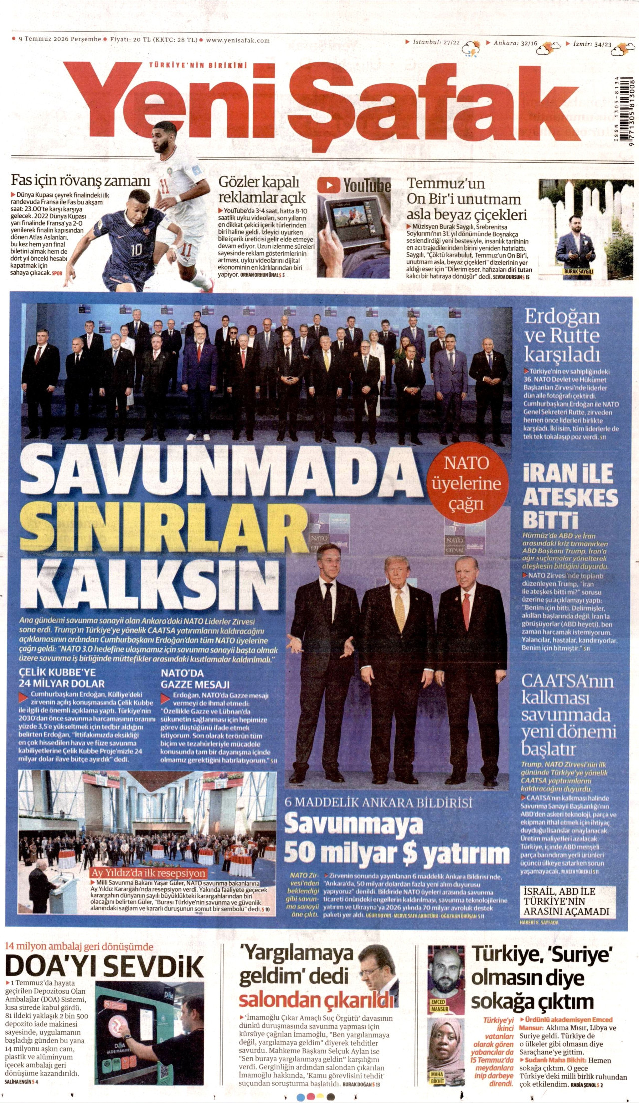 Yeni Şafak Gazetesi Manşeti - 09.07.2026