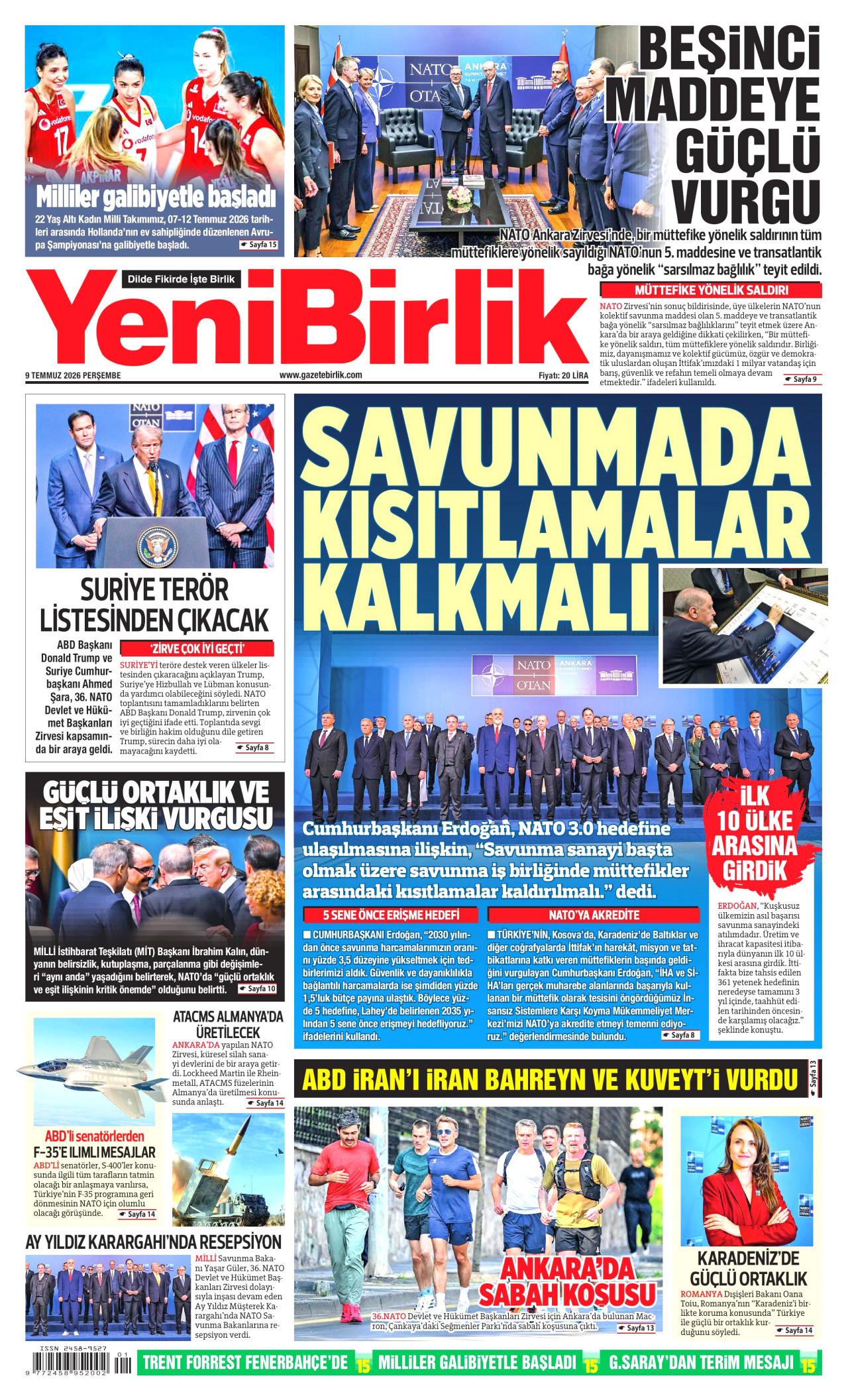 YeniBirlik Gazetesi Manşeti - 09.07.2026