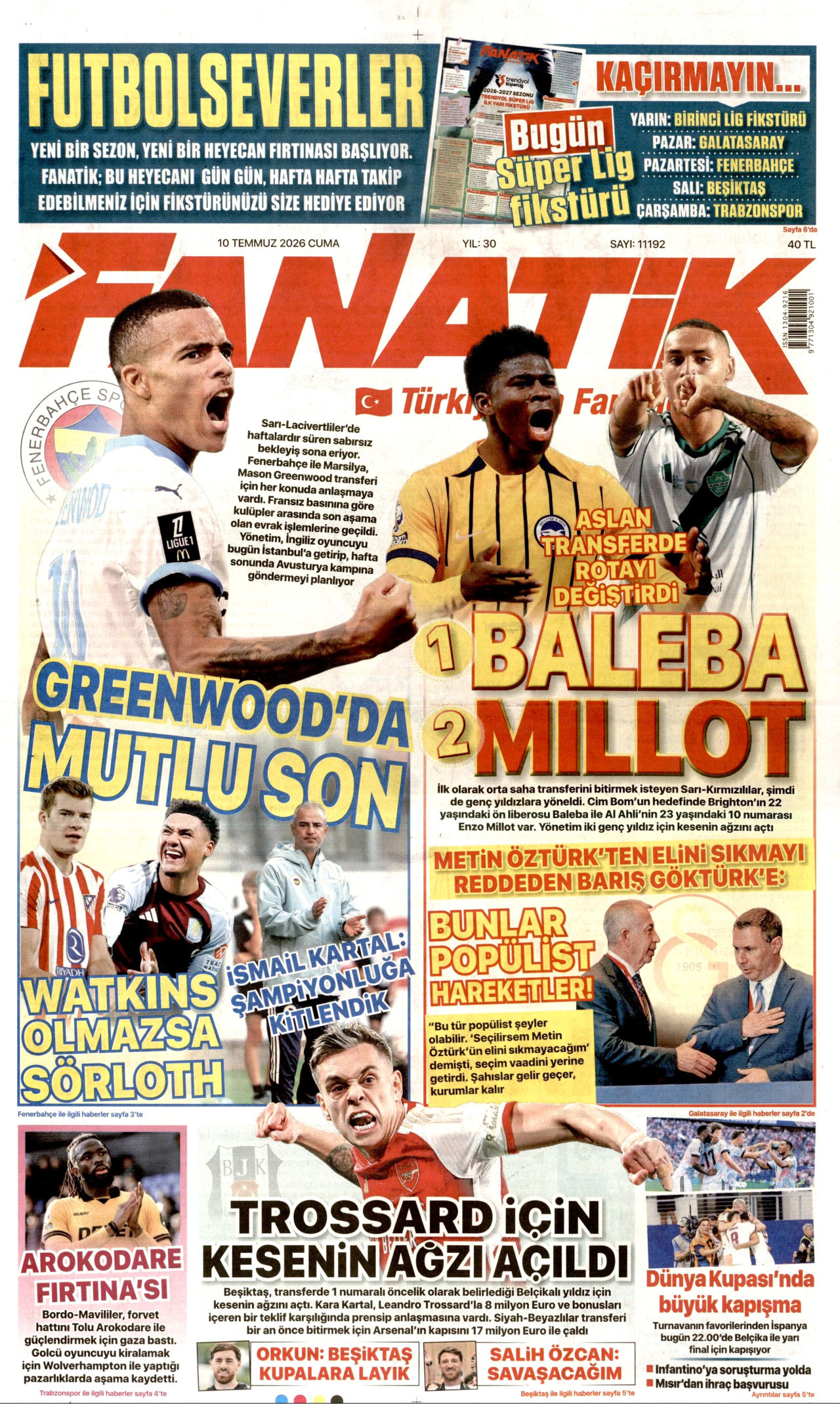 Fanatik Gazetesi Manşeti - 10 Temmuz 2026 Birinci Sayfa
