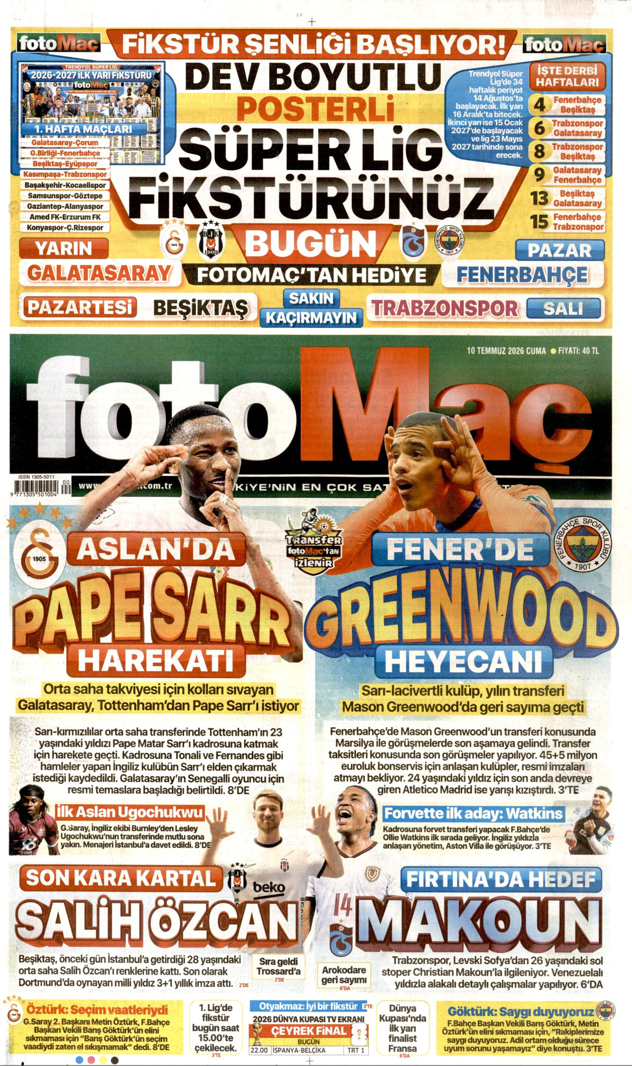 Fotomaç Gazetesi Manşeti - 10 Temmuz 2026 Birinci Sayfa