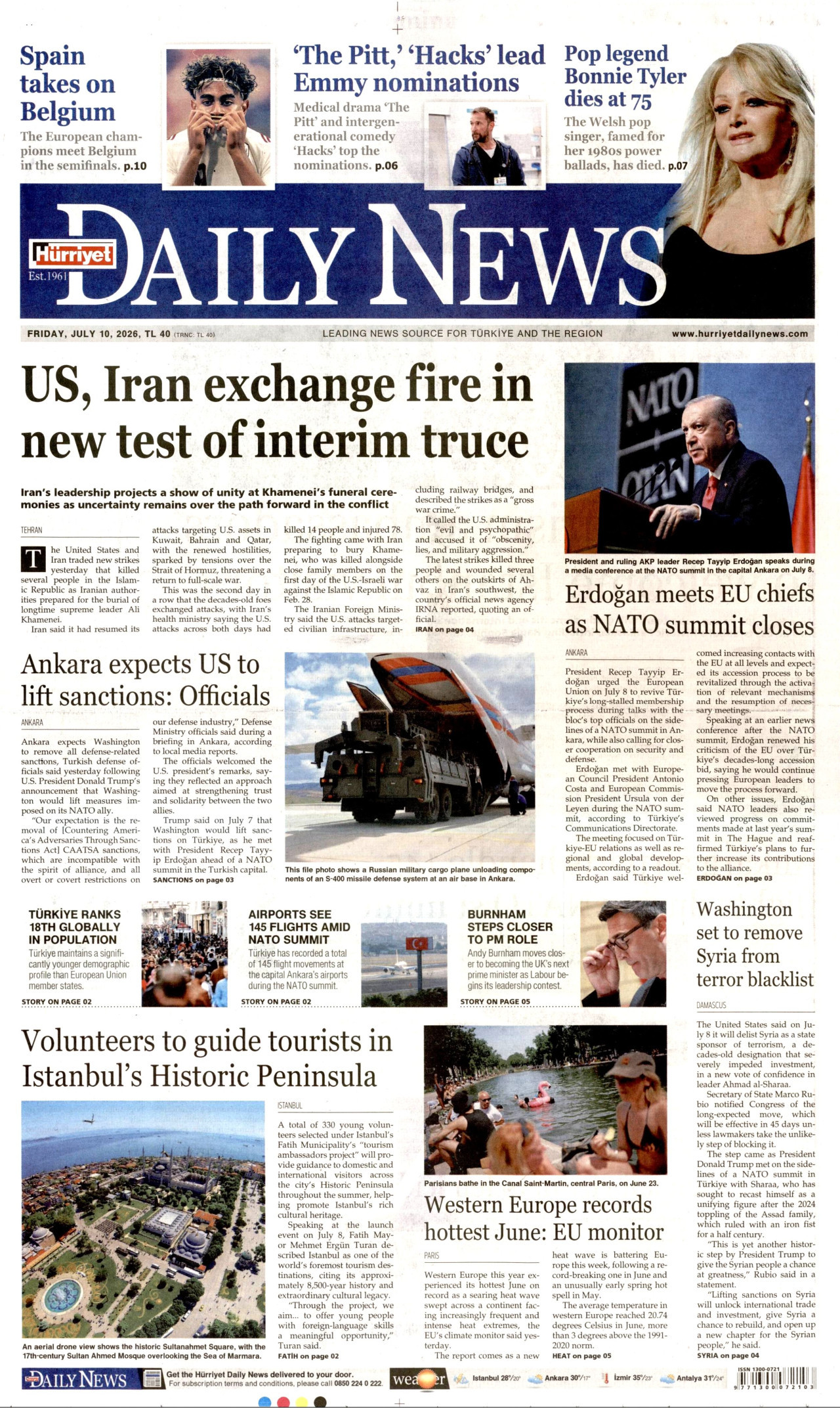 Hürriyet Daily News Gazetesi Manşeti - 10 Temmuz 2026 Birinci Sayfa