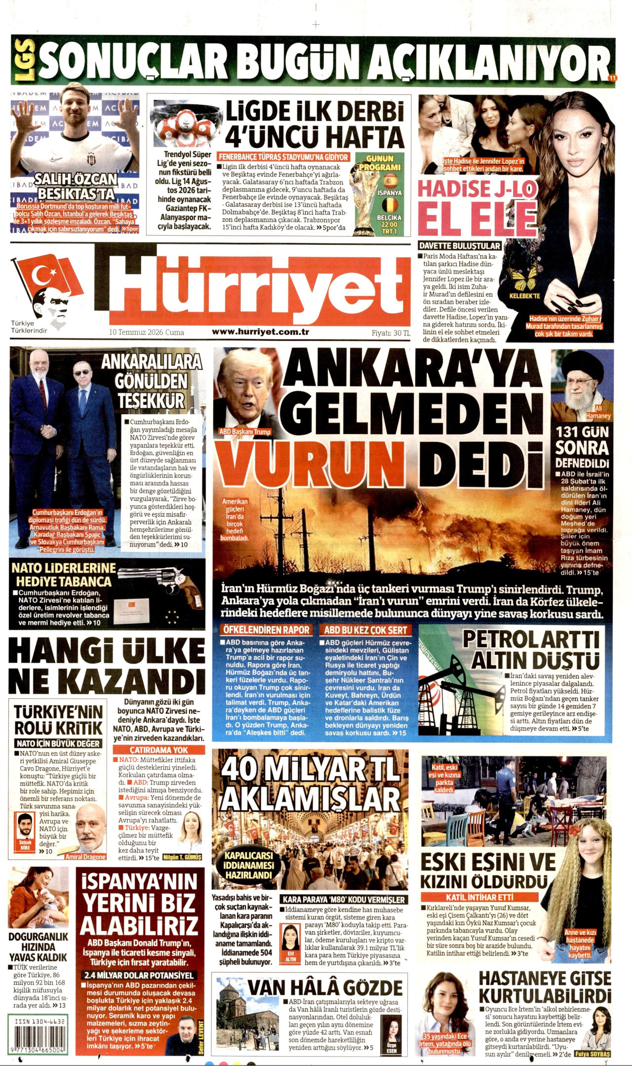 Hürriyet Gazetesi Manşeti - 10 Temmuz 2026 Birinci Sayfa