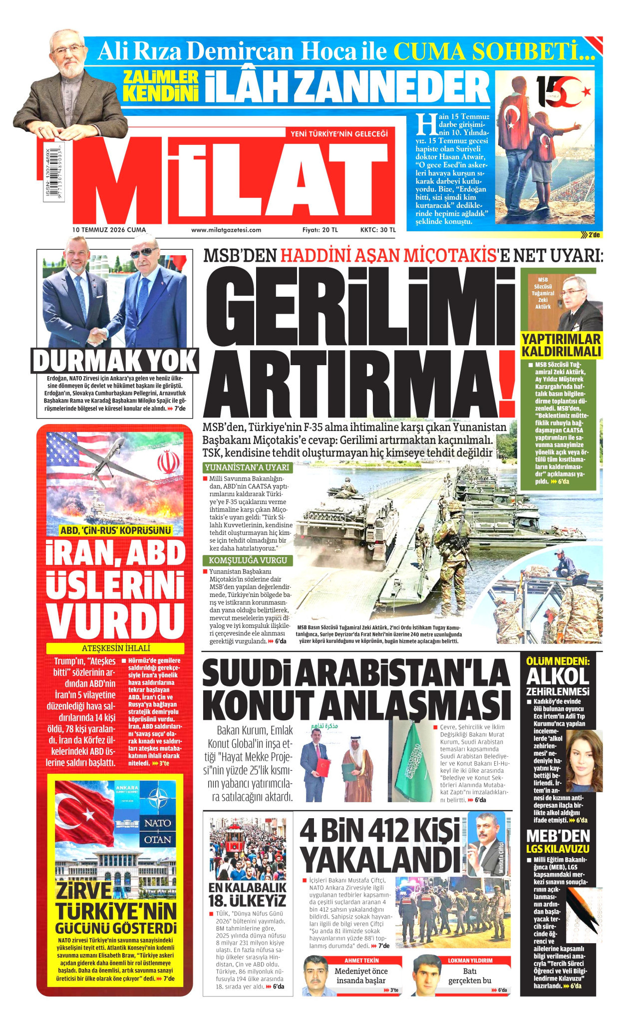Milat Gazetesi Manşeti - 10.07.2026