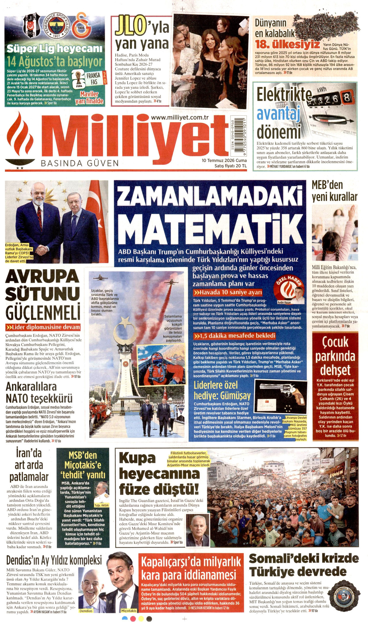 Milliyet Gazetesi Manşeti - 10 Temmuz 2026 Birinci Sayfa