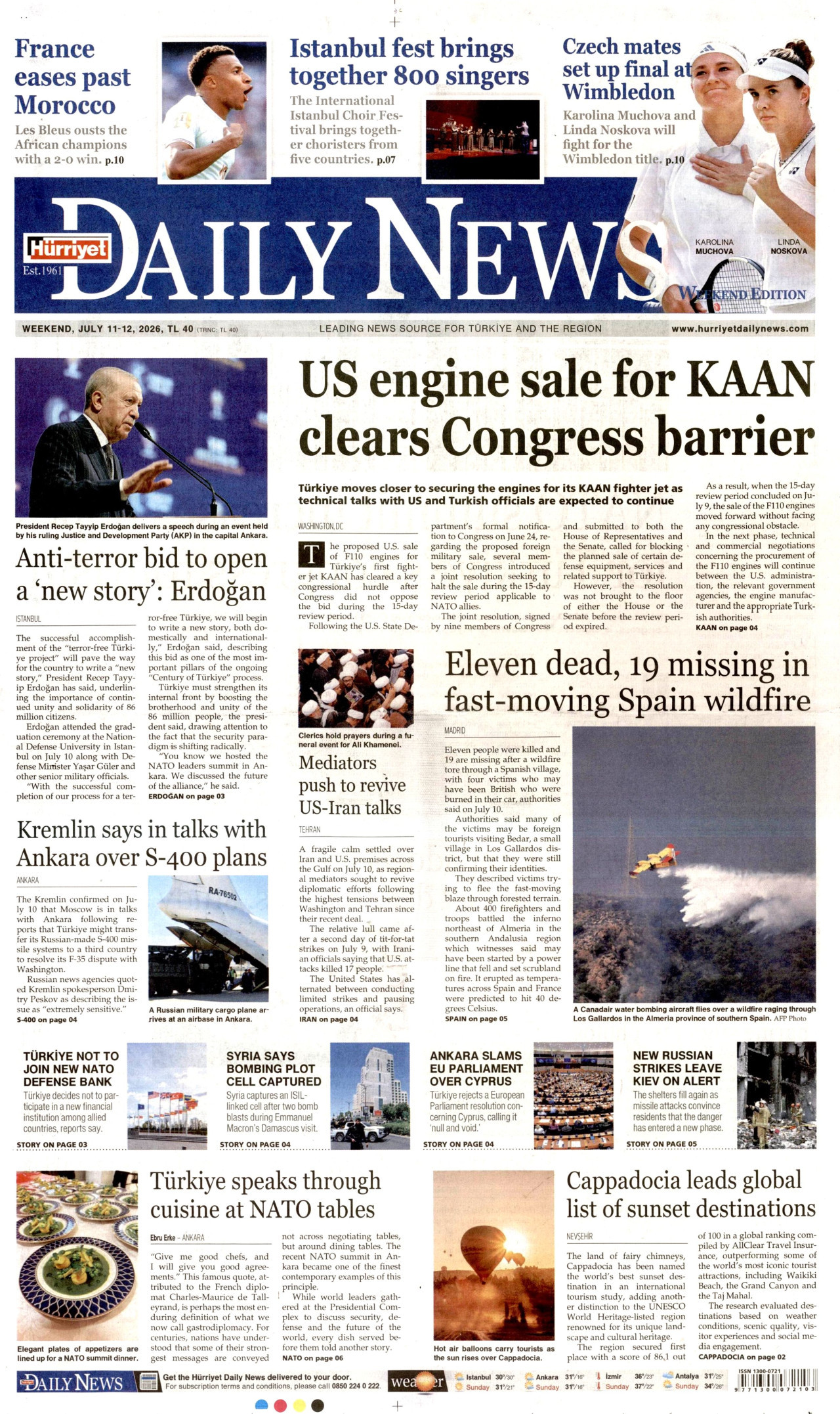 Hürriyet Daily News Gazetesi Manşeti - 11 Temmuz 2026 Birinci Sayfa