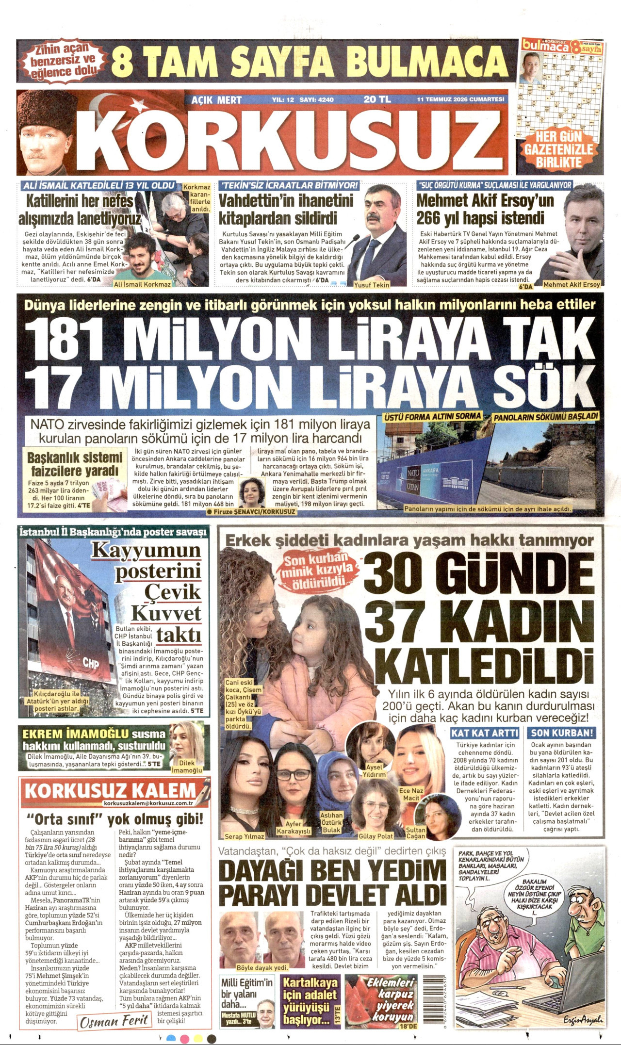 Korkusuz Gazetesi Manşeti - 11 Temmuz 2026 Birinci Sayfa
