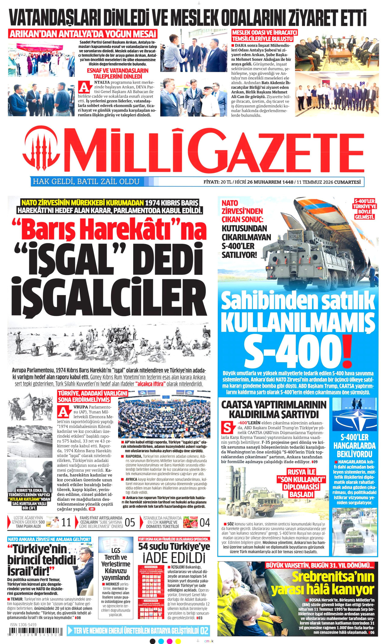 Milli Gazete Gazetesi Manşeti - 11 Temmuz 2026 Birinci Sayfa